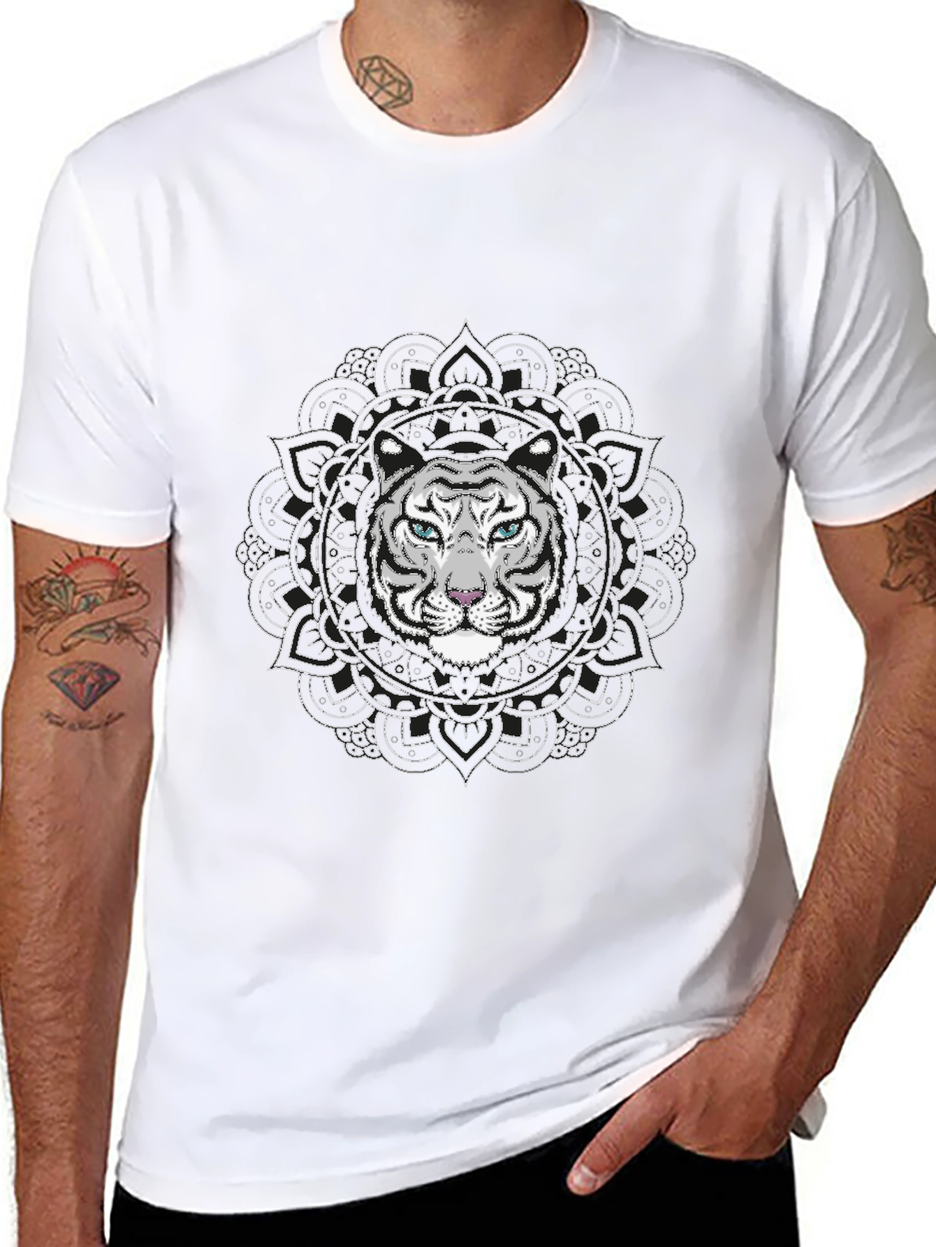 White Tiger Mandala Graphic Tee - Stylish Black T-Shirt