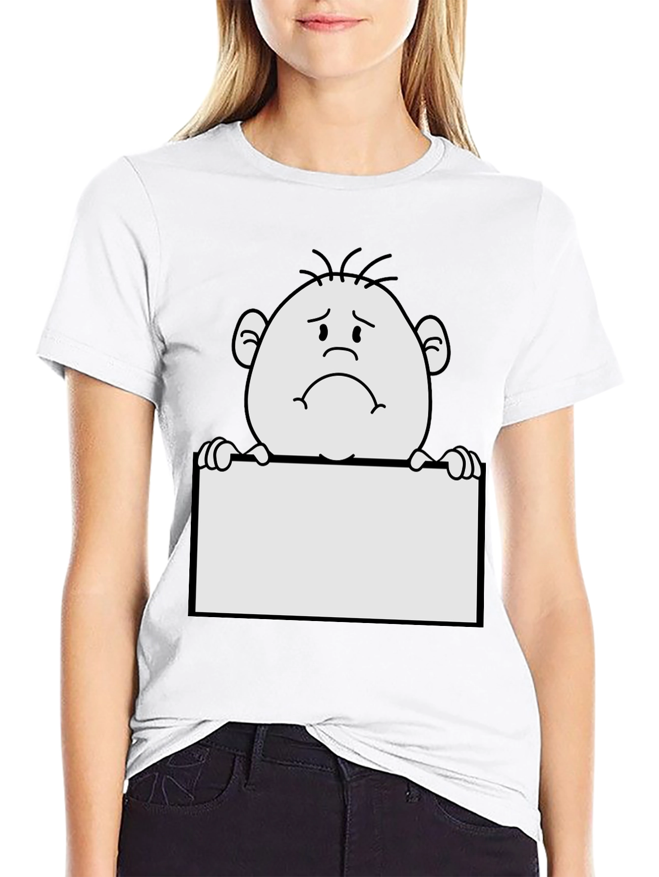 Sad Character Graphic Print Black T-Shirt