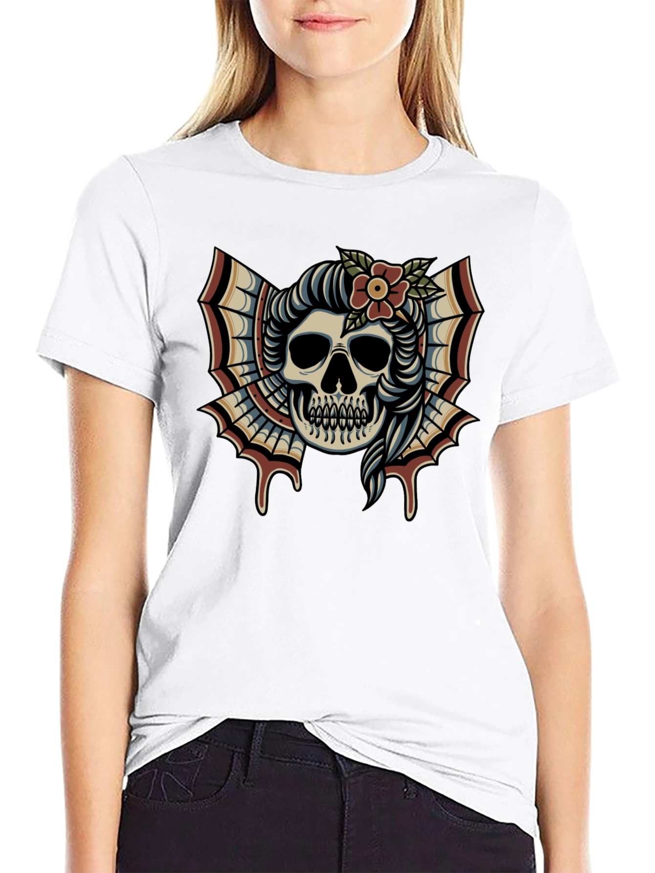 Skull & Flower Tattoo T-Shirt - Graphic Print Tee