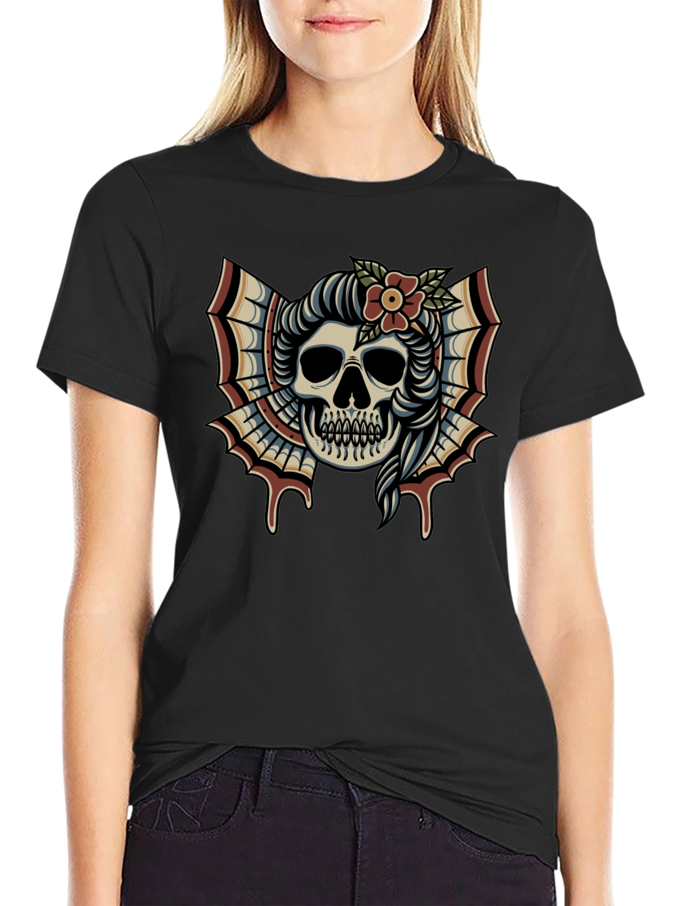 Skull & Flower Tattoo T-Shirt - Graphic Print Tee