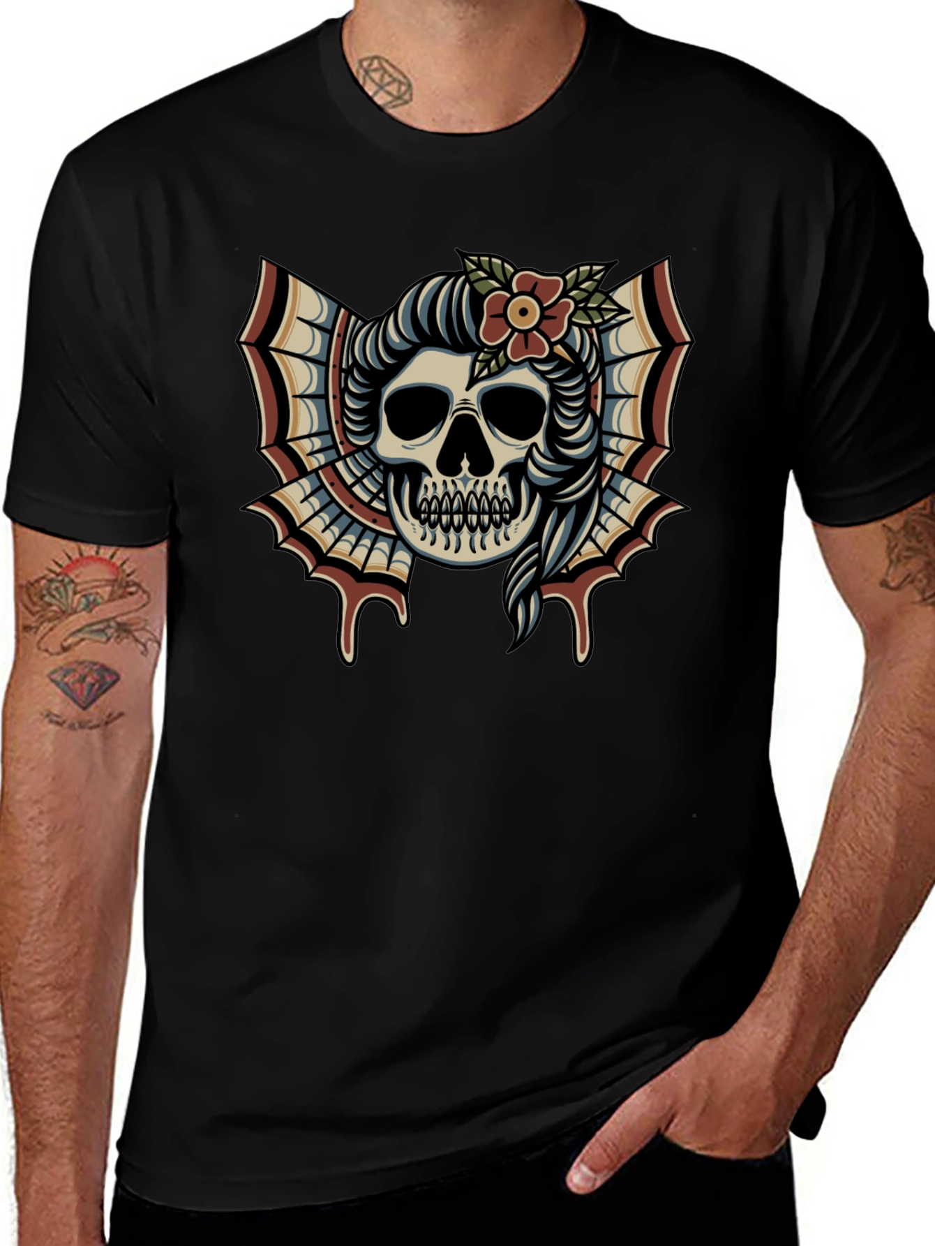 Skull & Flower Tattoo T-Shirt - Graphic Print Tee