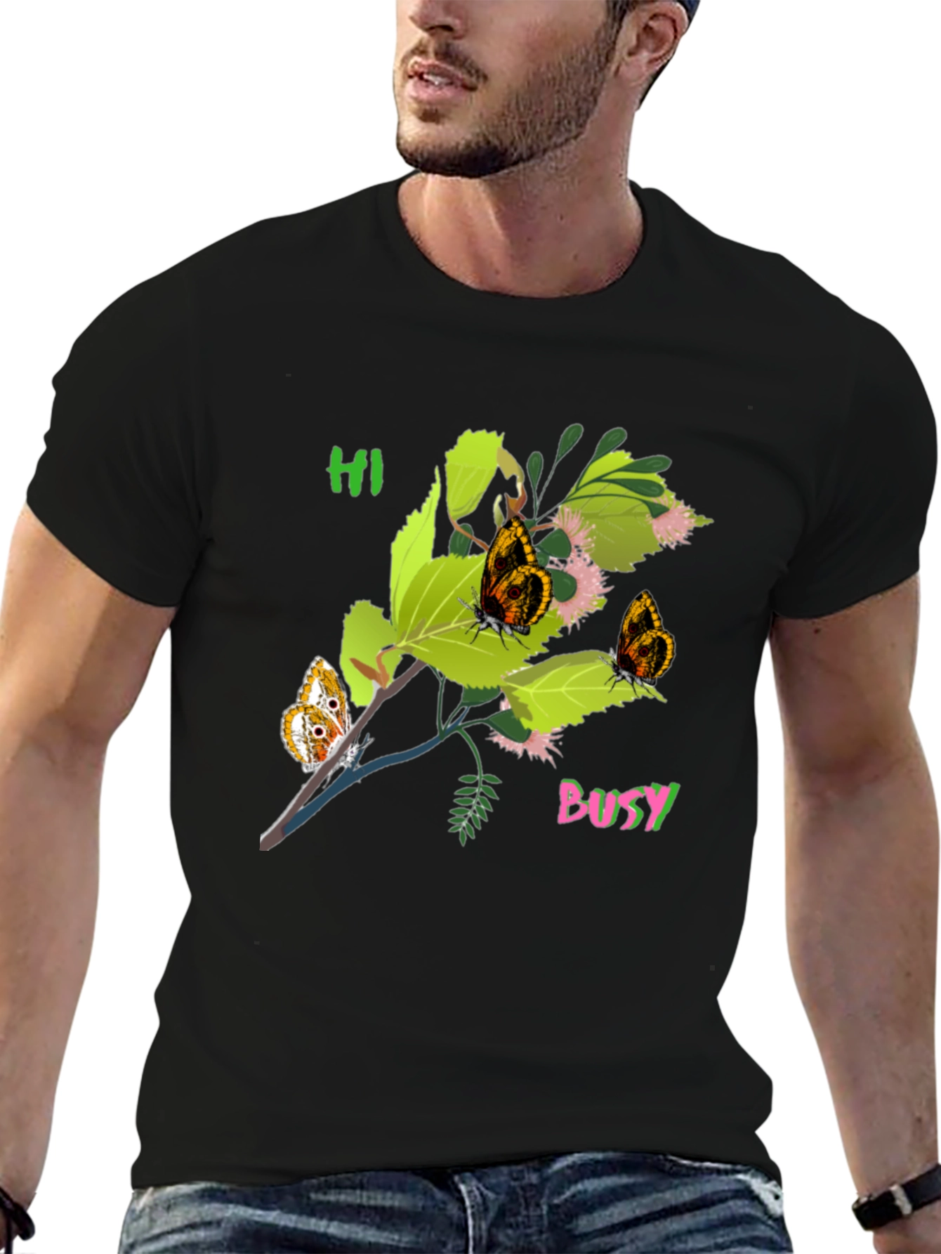 Black T-Shirt with Butterfly Bush Graphic