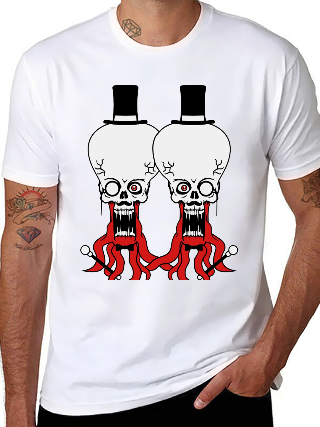 Skull Octopus Top Hat Graphic Tee - Black