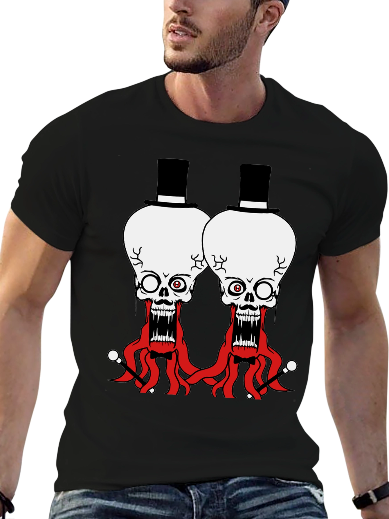 Skull Octopus Top Hat Graphic Tee - Black