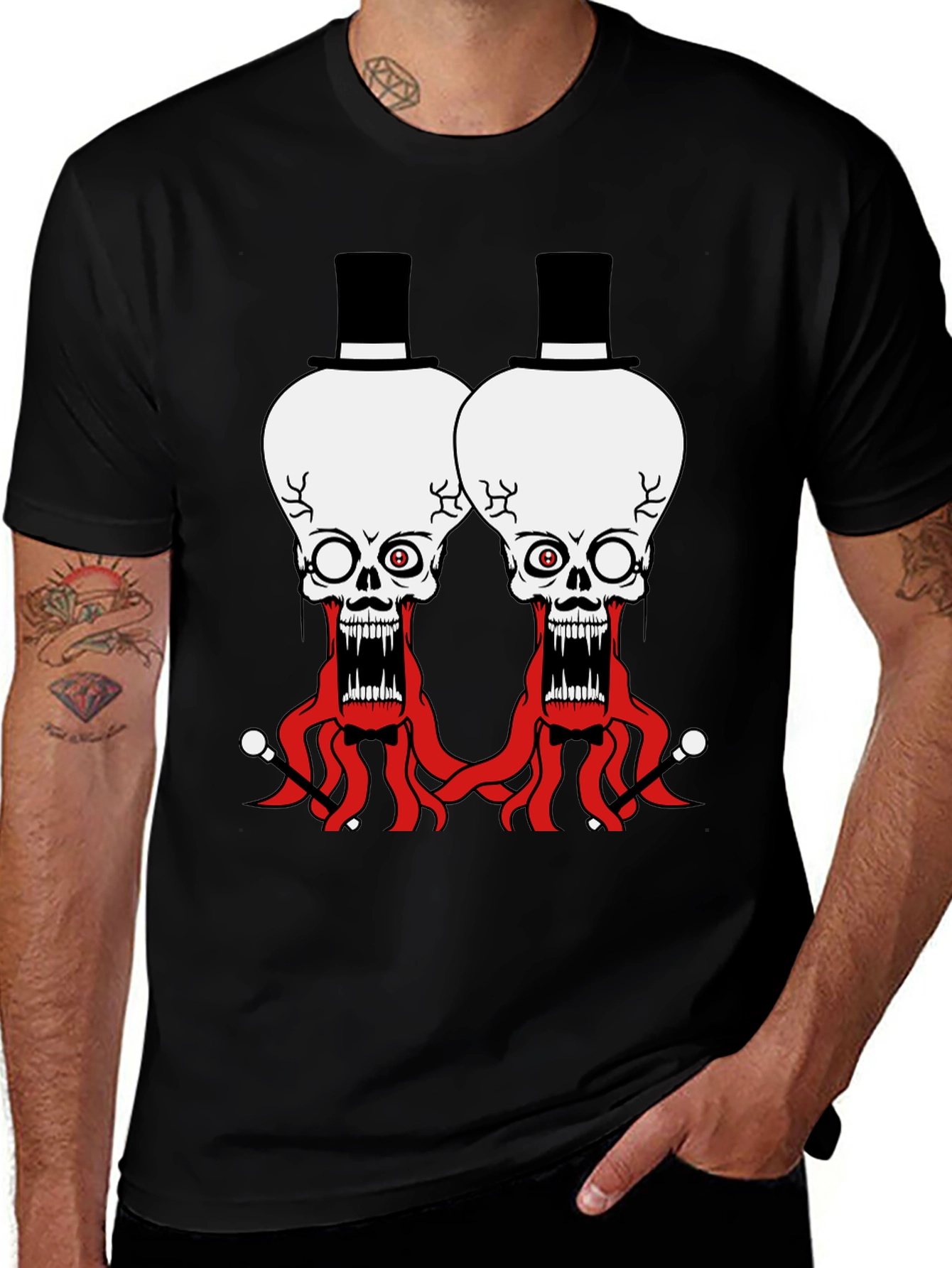 Skull Octopus Top Hat Graphic Tee - Black