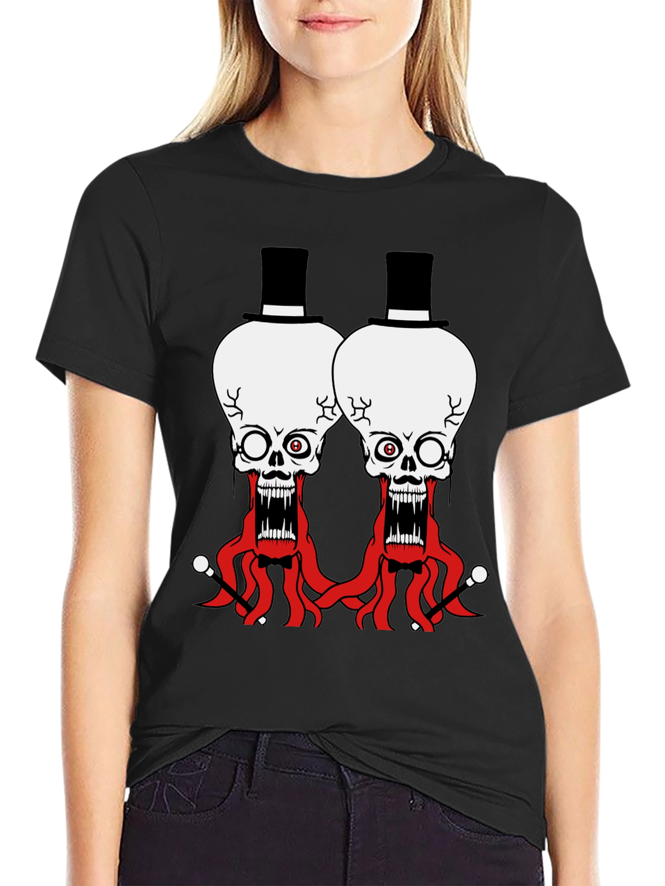 Skull Octopus Top Hat Graphic Tee - Black