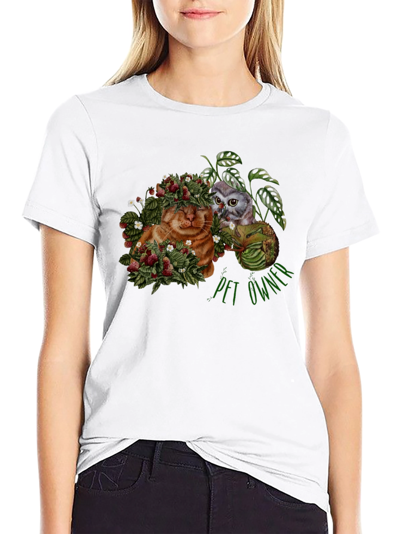 Pet Owner T-Shirt with Cat Owl and Strawberries Design