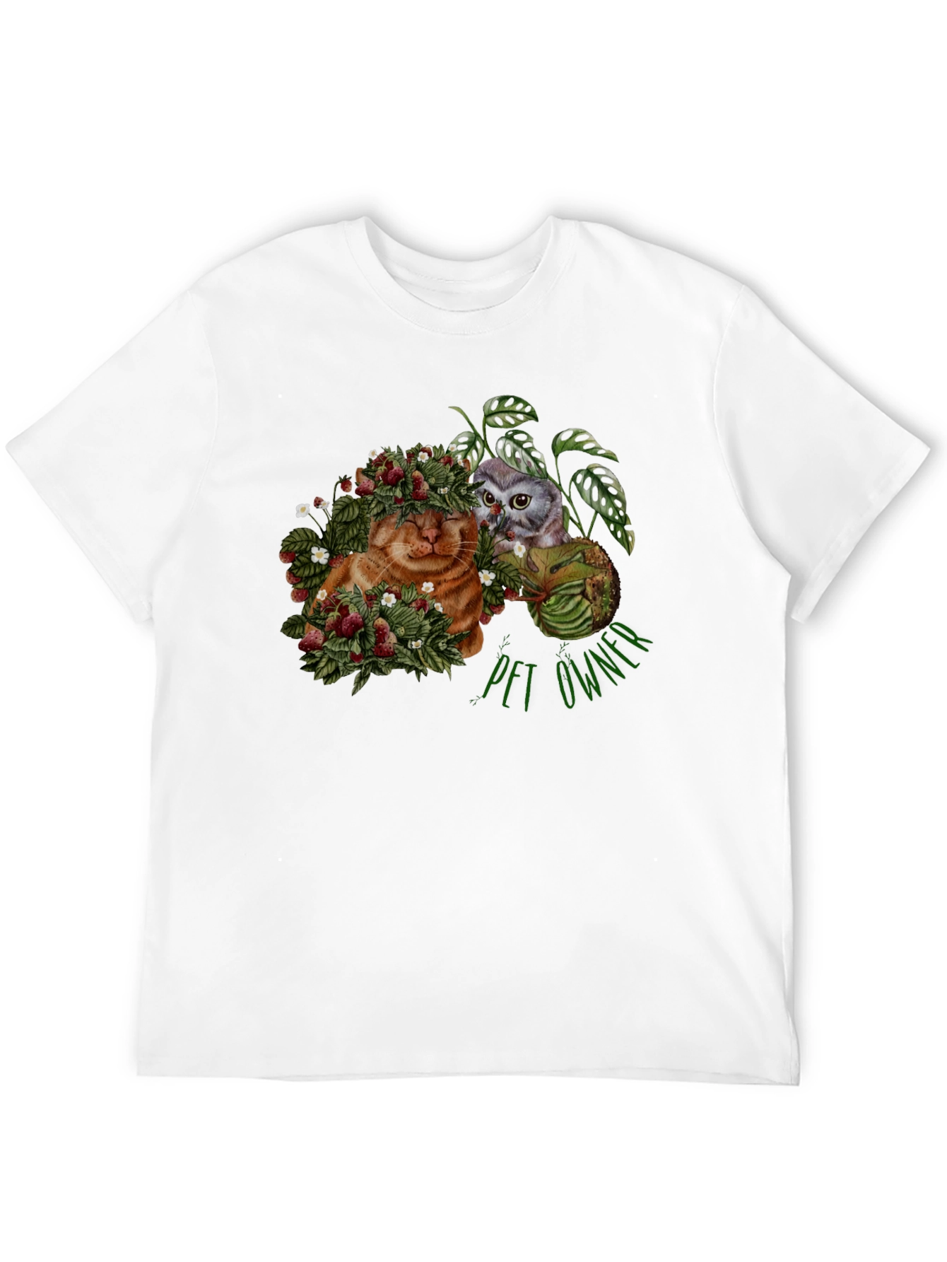 Pet Owner T-Shirt with Cat Owl and Strawberries Design