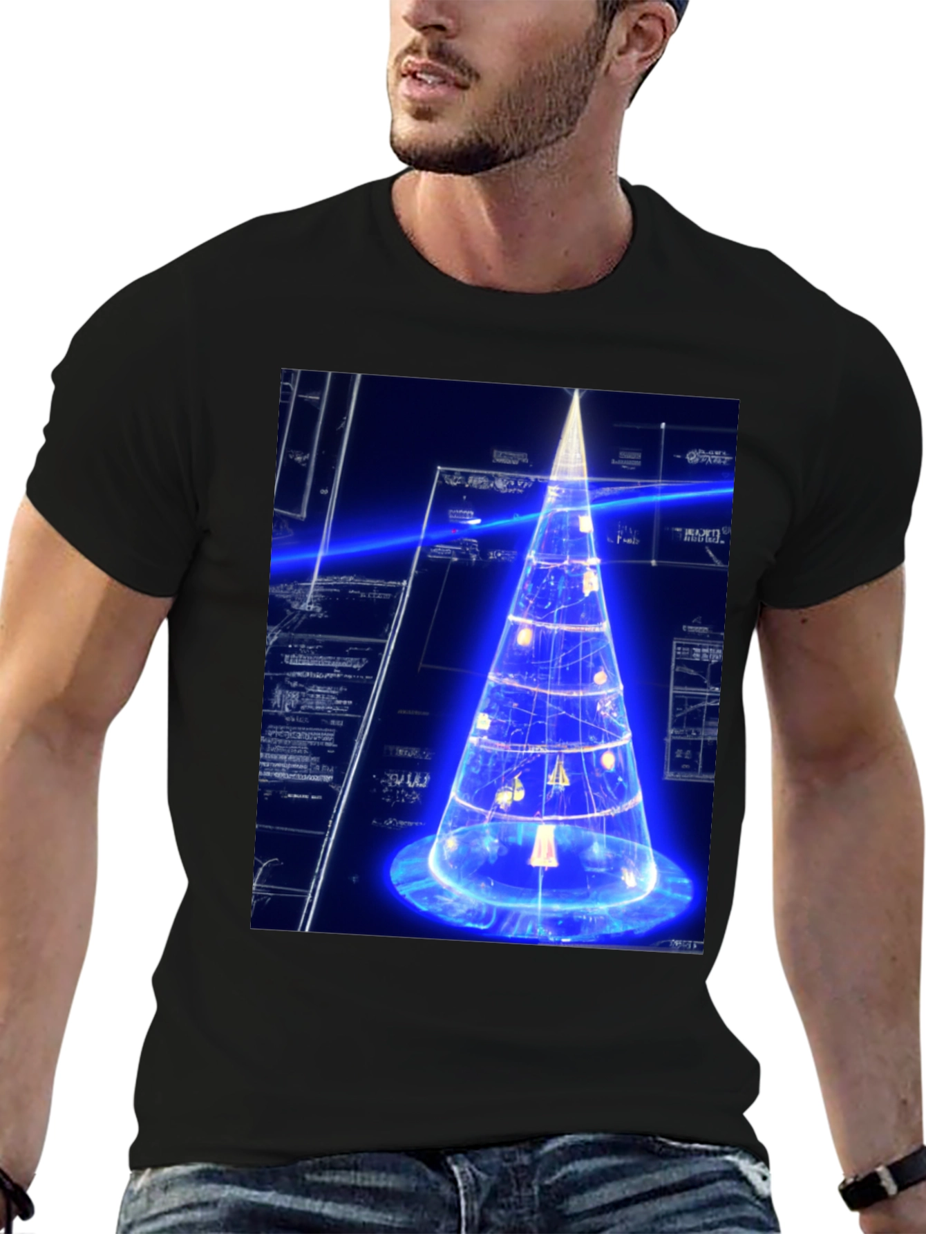 Futuristic Tech Christmas Tree Black T-Shirt