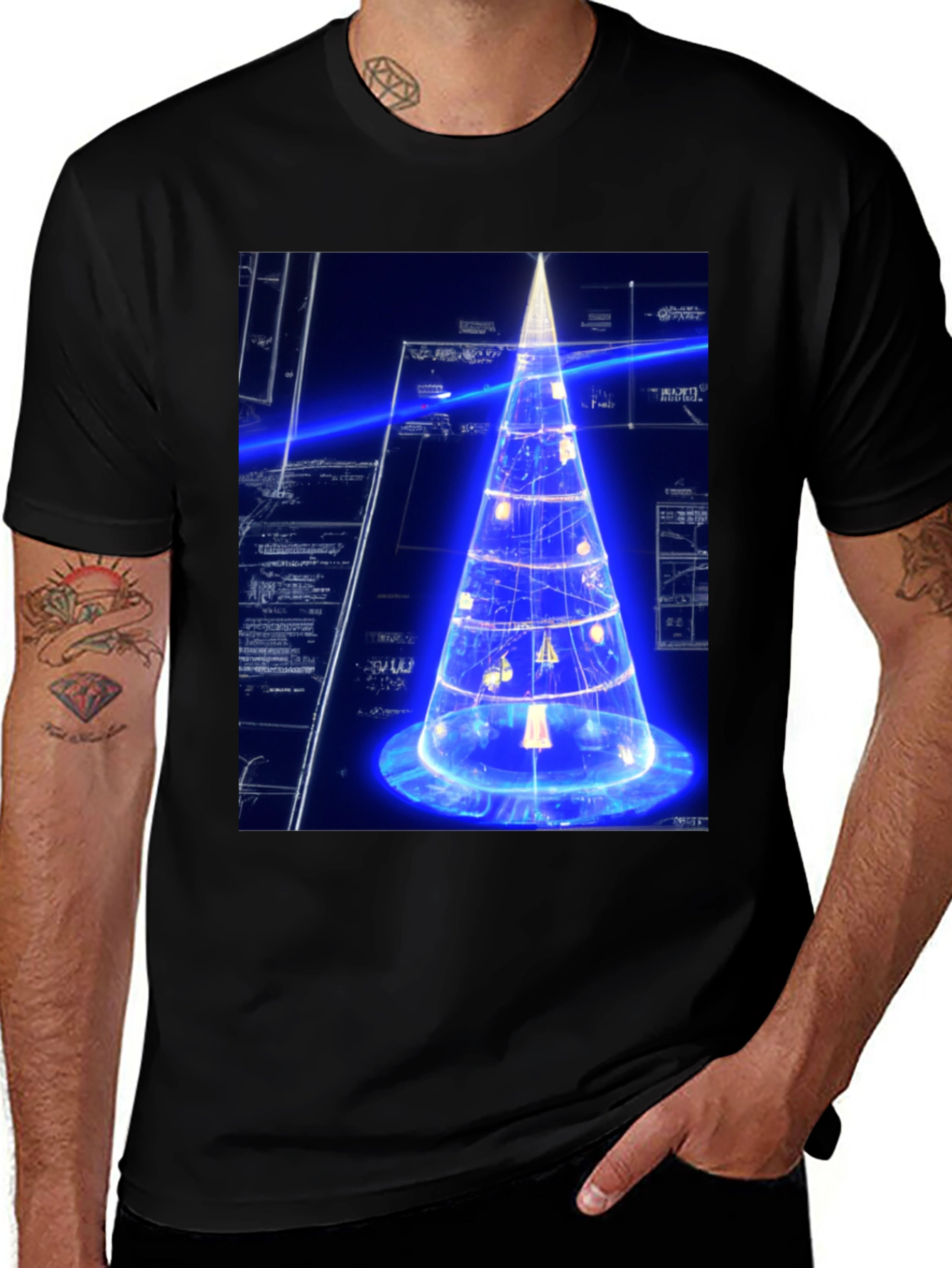 Futuristic Tech Christmas Tree Black T-Shirt