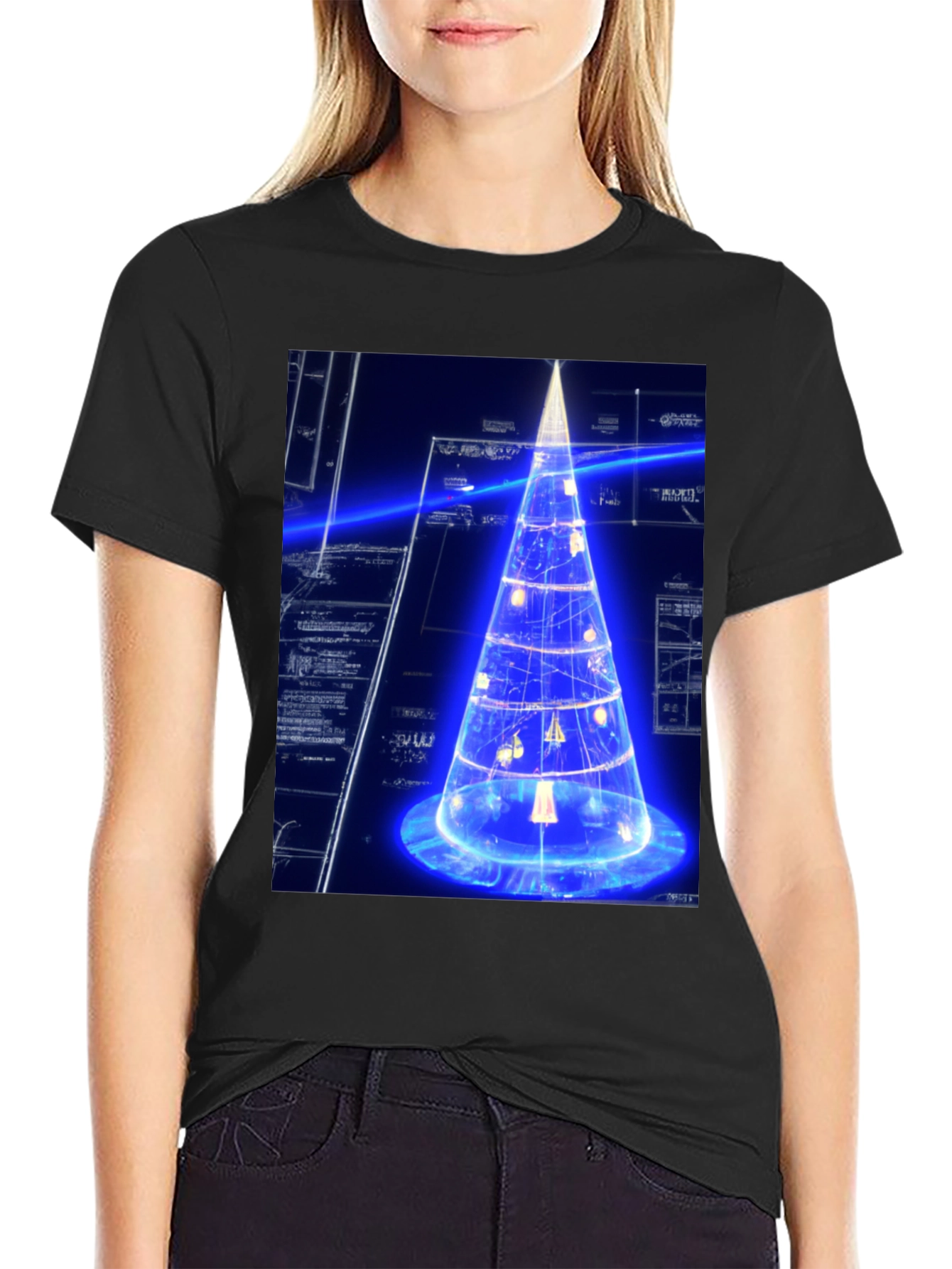 Futuristic Tech Christmas Tree Black T-Shirt