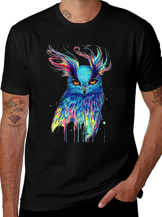 Colorful Owl Graphic Print Black T-Shirt