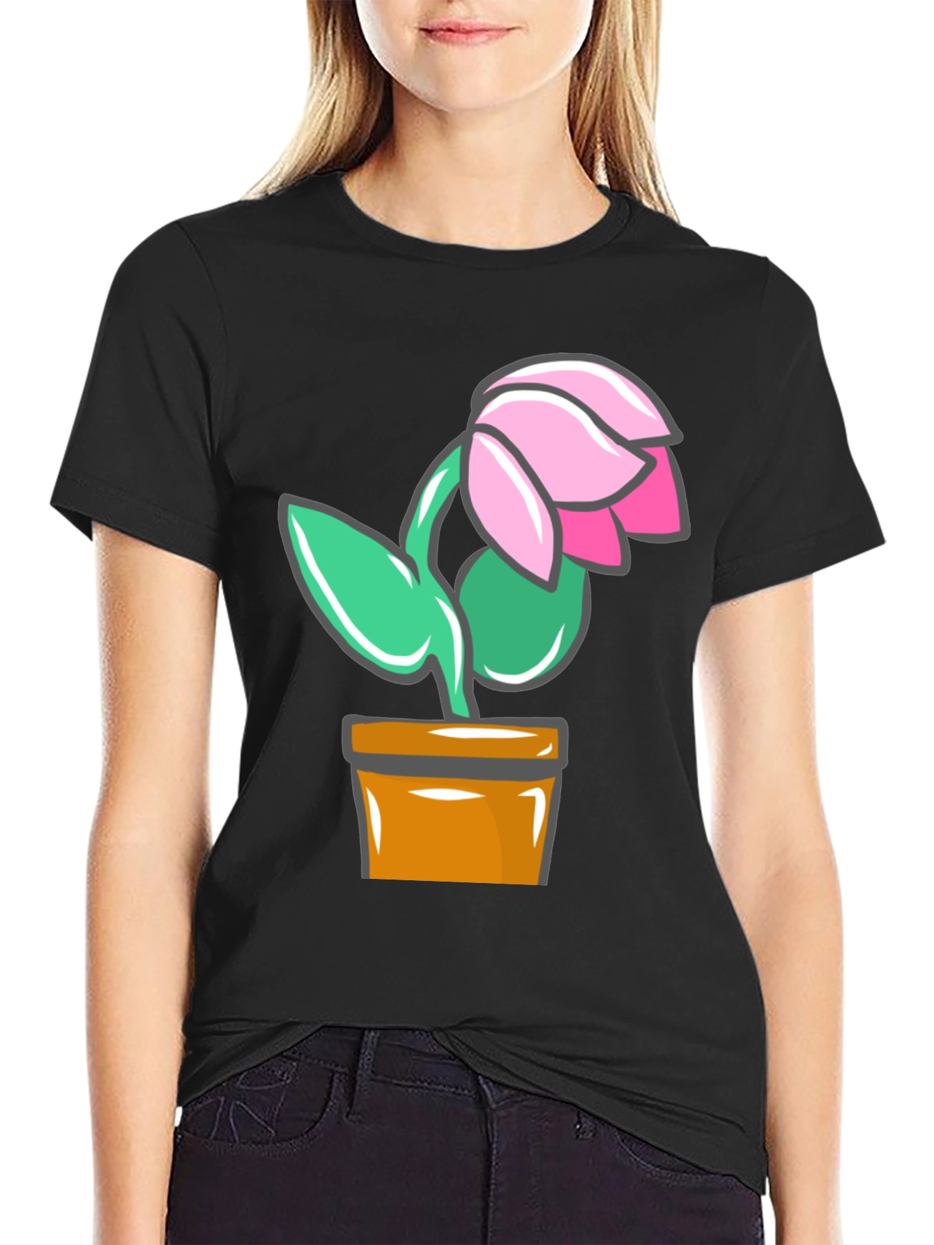 Cartoon Flower Graphic T-Shirt - Black
