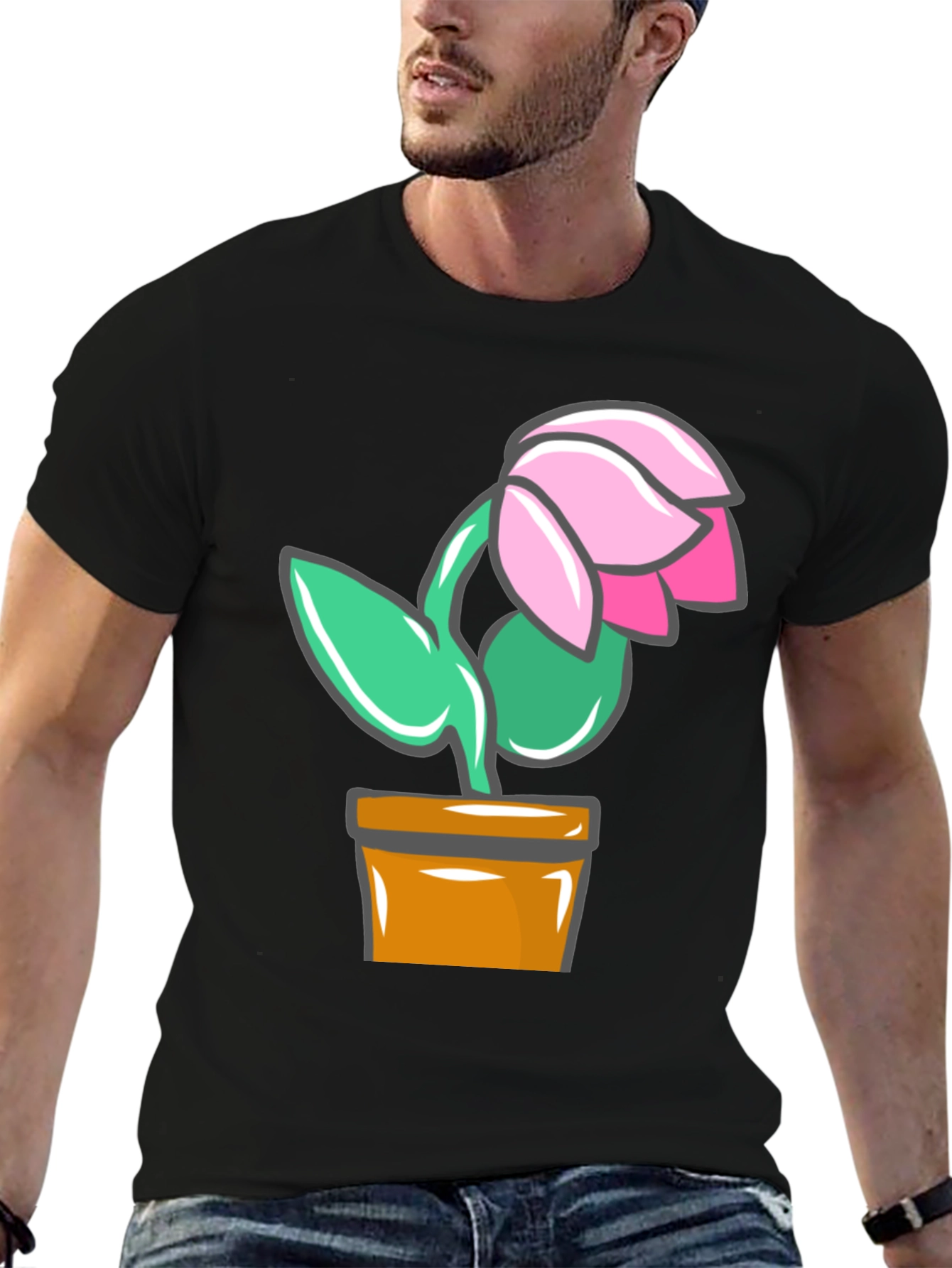 Cartoon Flower Graphic T-Shirt - Black