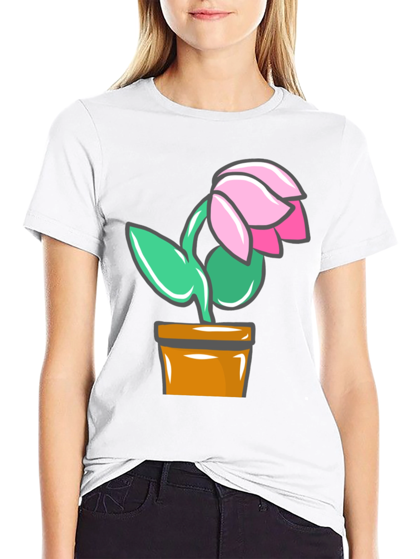 Cartoon Flower Graphic T-Shirt - Black