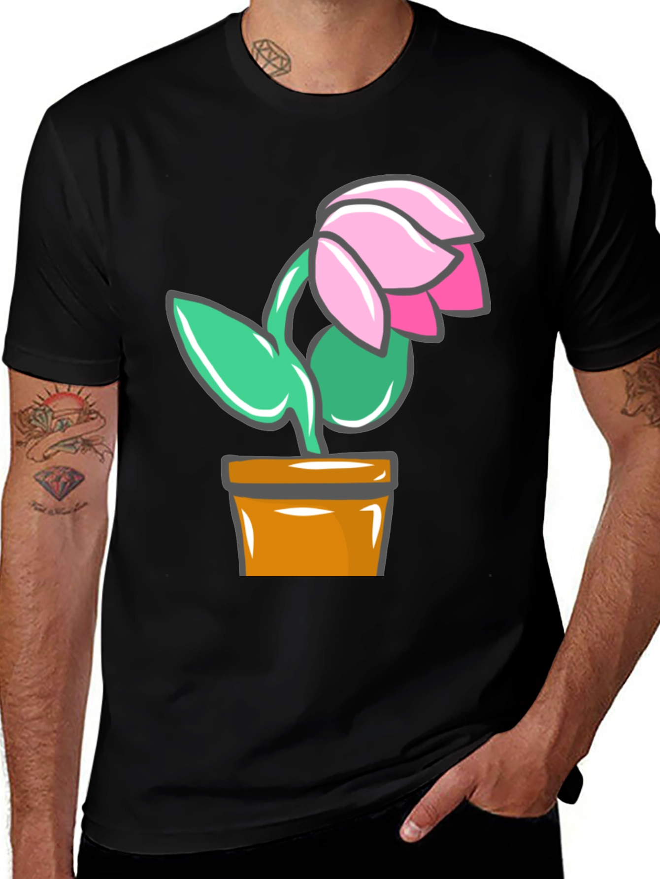 Cartoon Flower Graphic T-Shirt - Black