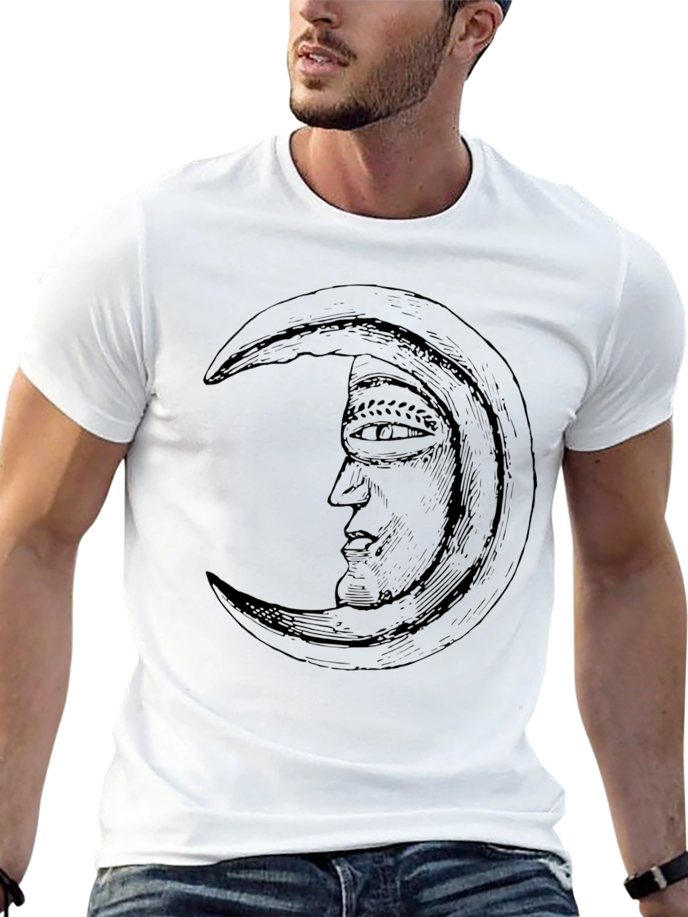 Crescent Moon Face Graphic Black T-Shirt