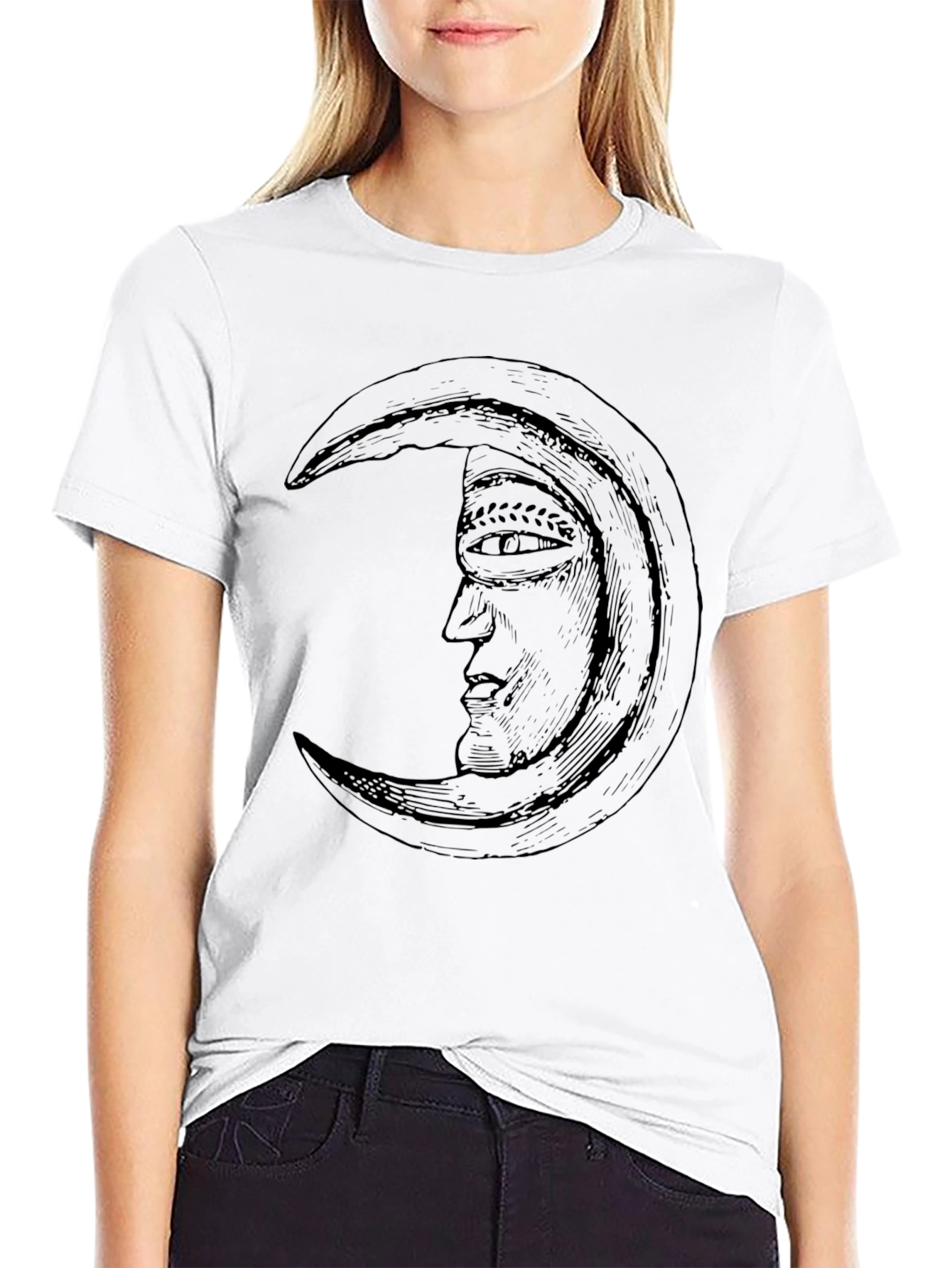 Crescent Moon Face Graphic Black T-Shirt