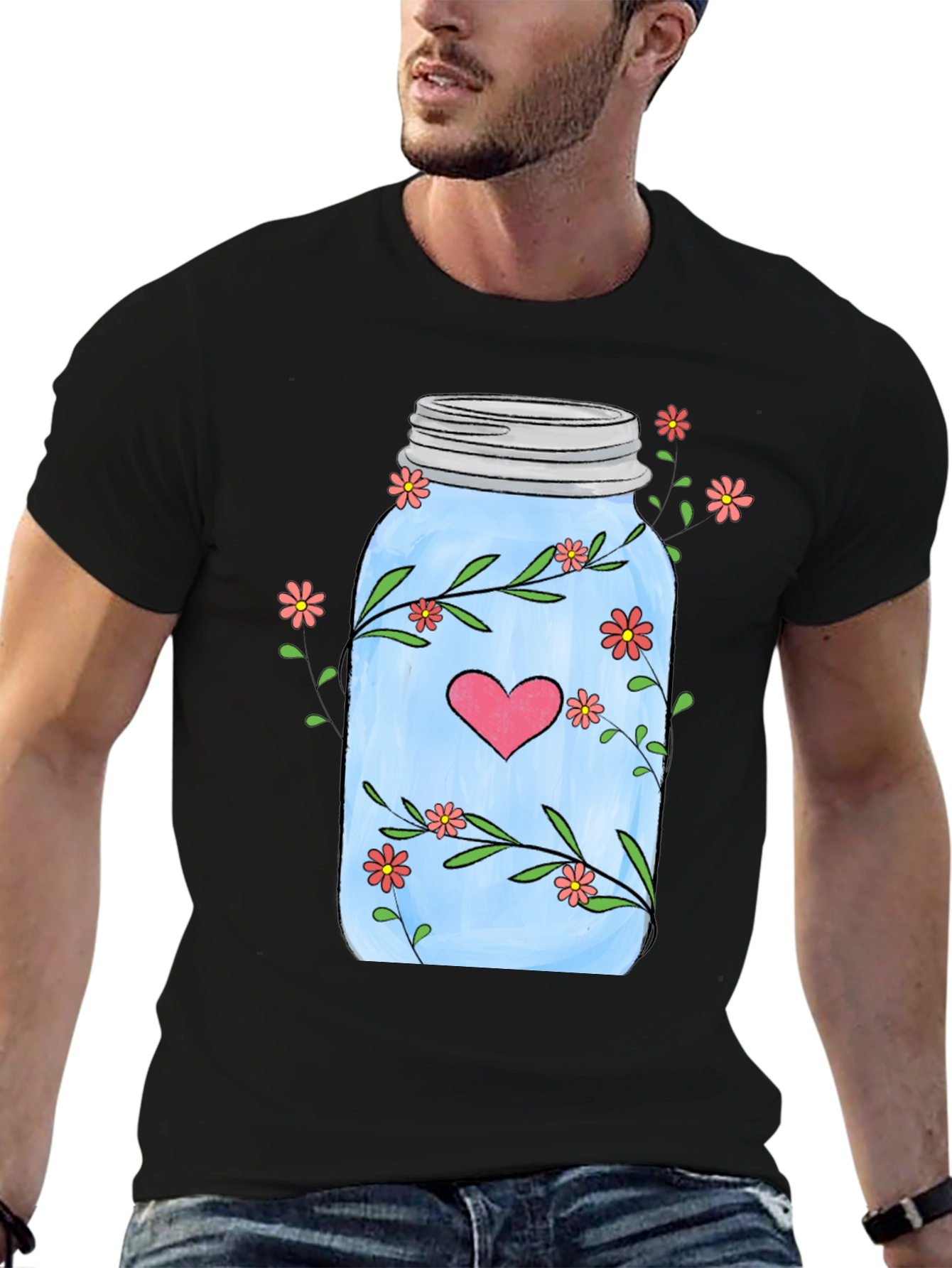 Floral Mason Jar Heart T-Shirt - Unique Design