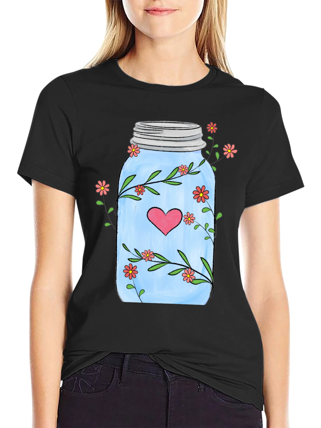 Floral Mason Jar Heart T-Shirt - Unique Design