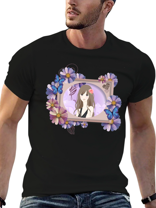 Anime Girl Floral Frame Black T-Shirt