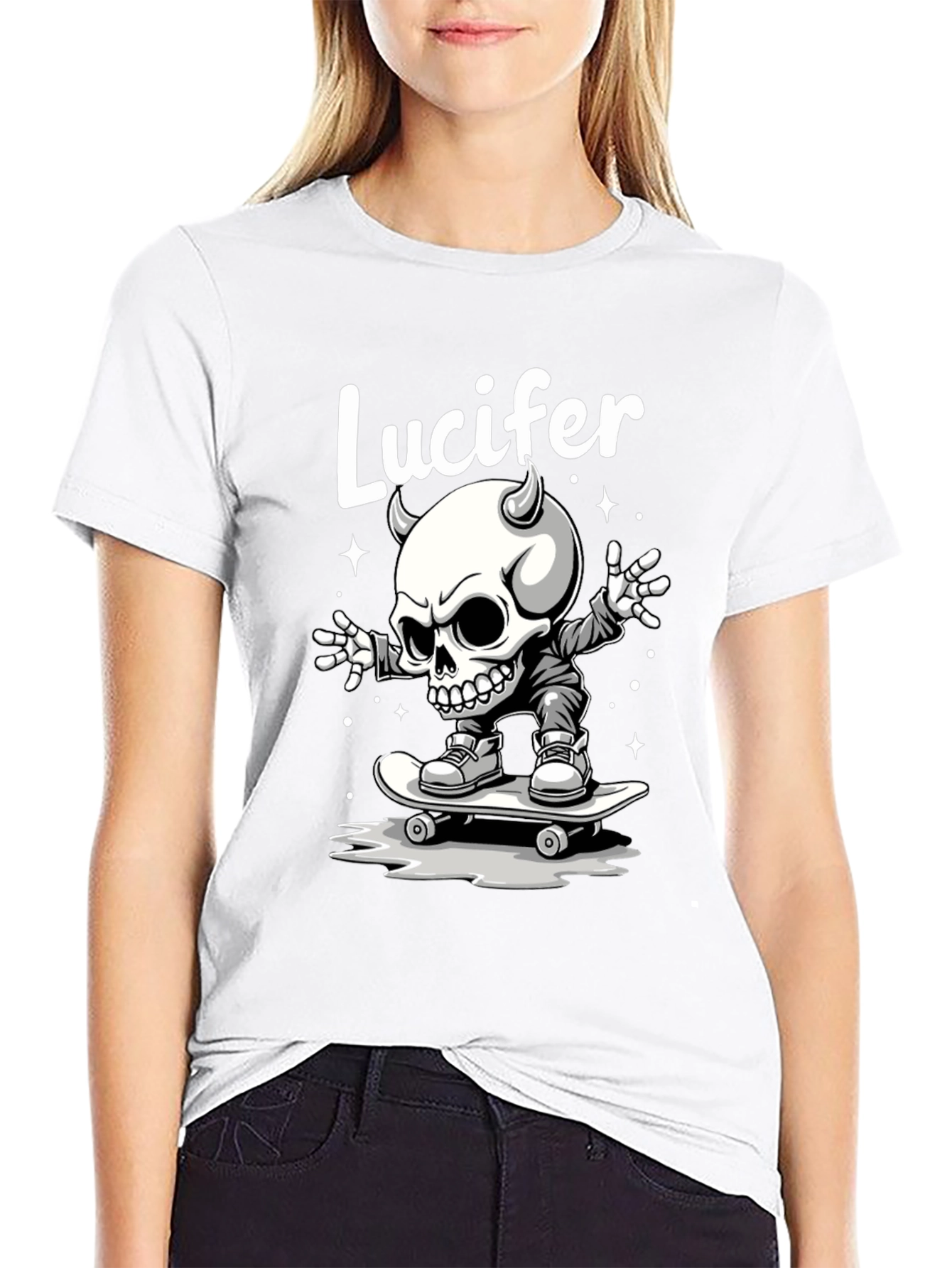 Lucifer Skateboard Skeleton Graphic Black T-Shirt