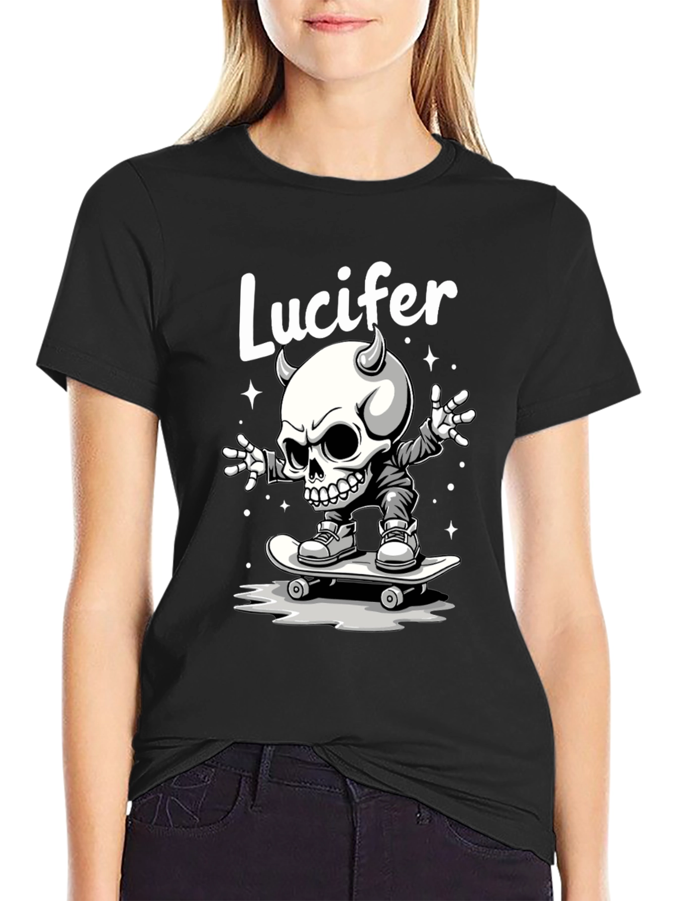 Lucifer Skateboard Skeleton Graphic Black T-Shirt