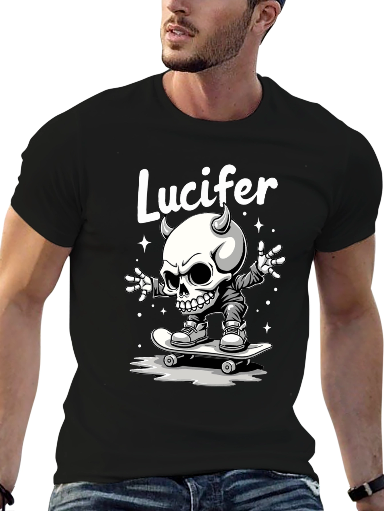 Lucifer Skateboard Skeleton Graphic Black T-Shirt