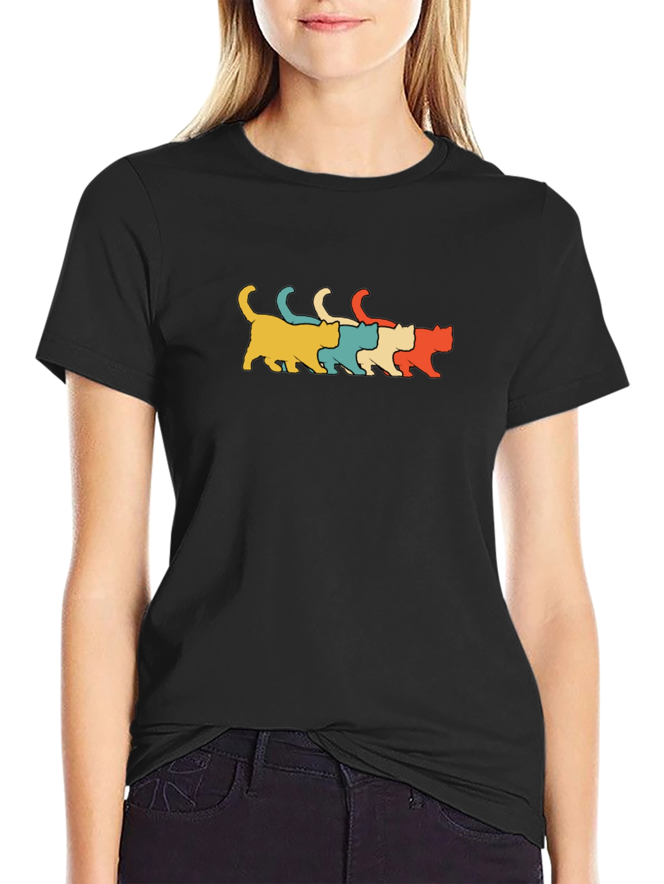 Retro Cat Line Art T-Shirt Black