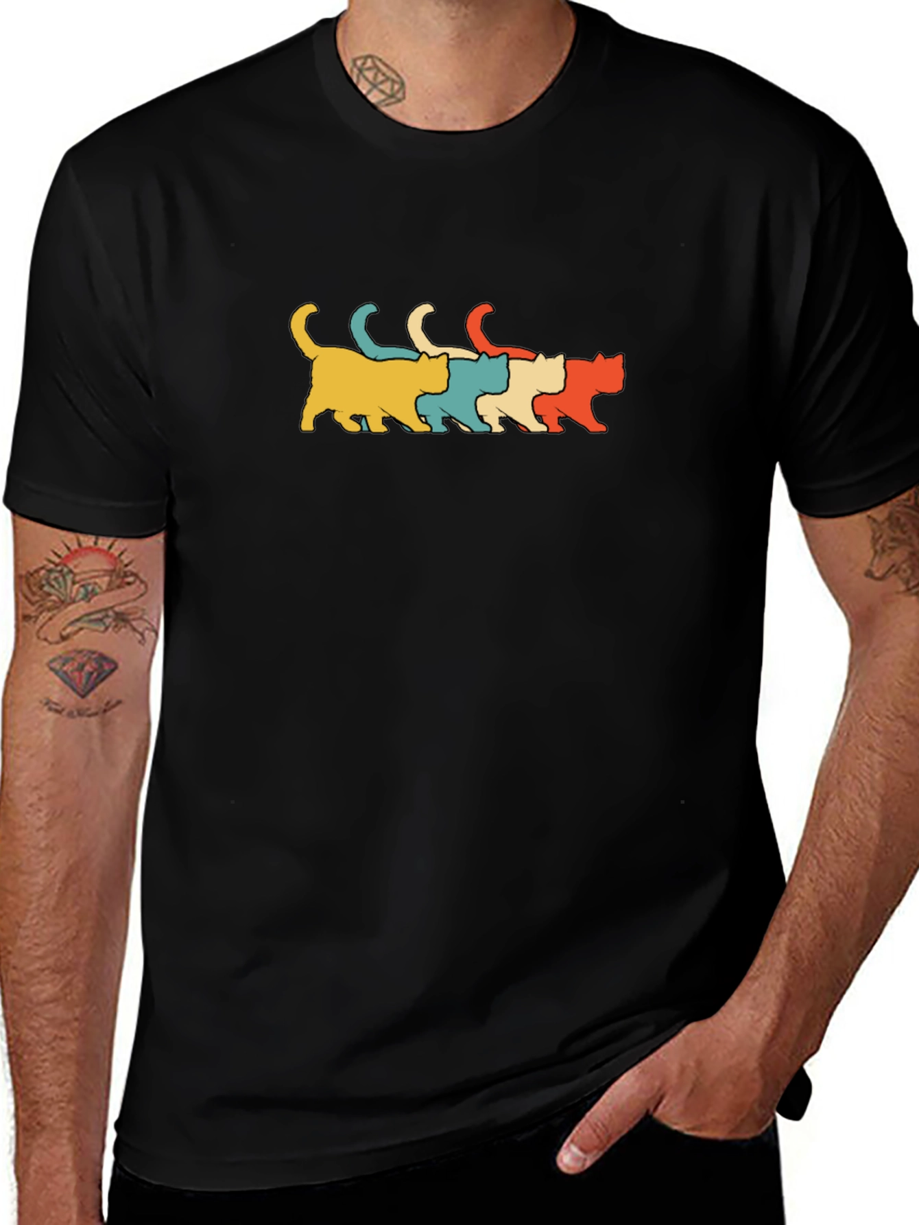 Retro Cat Line Art T-Shirt Black