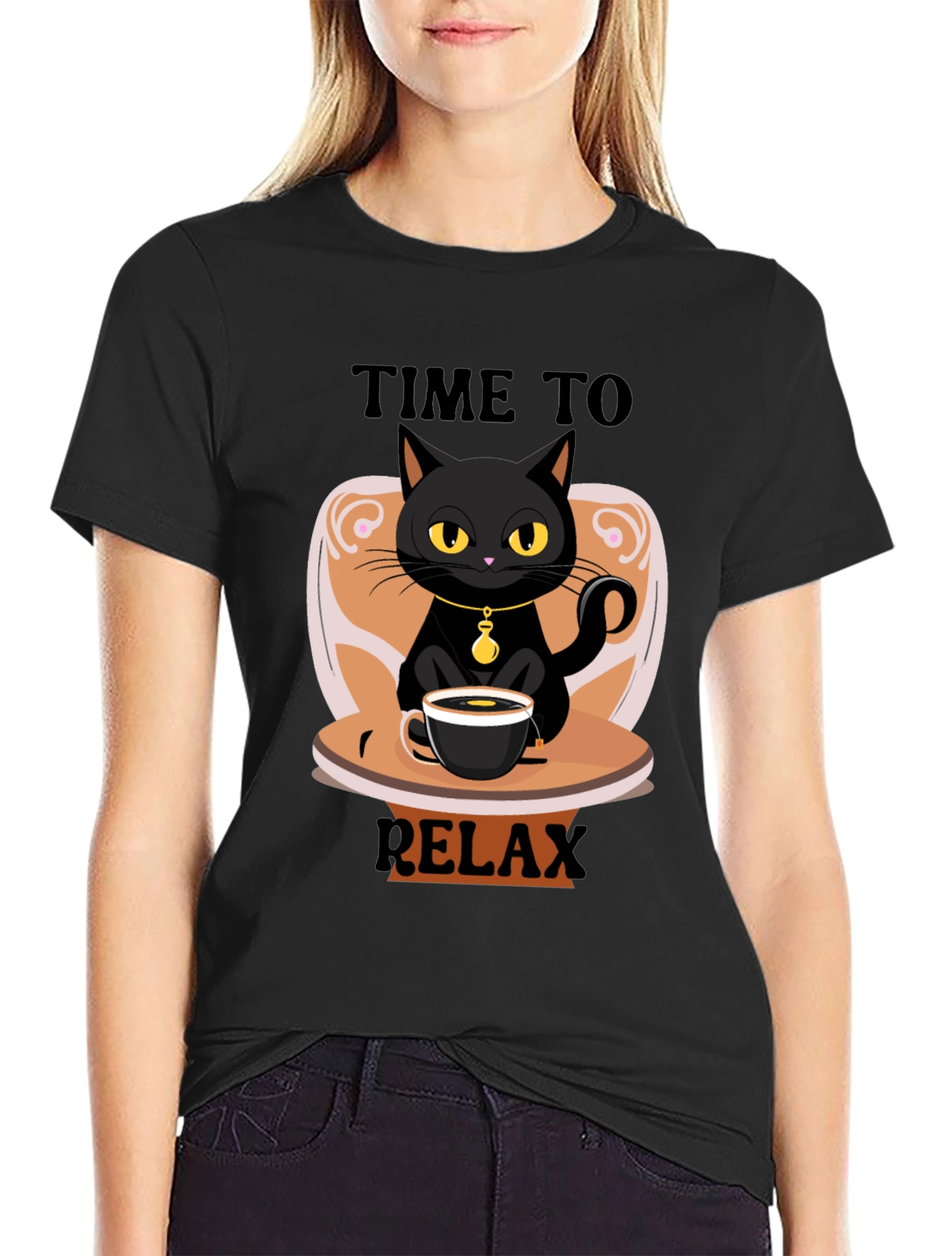 Time to Relax Black Cat Coffee T-Shirt