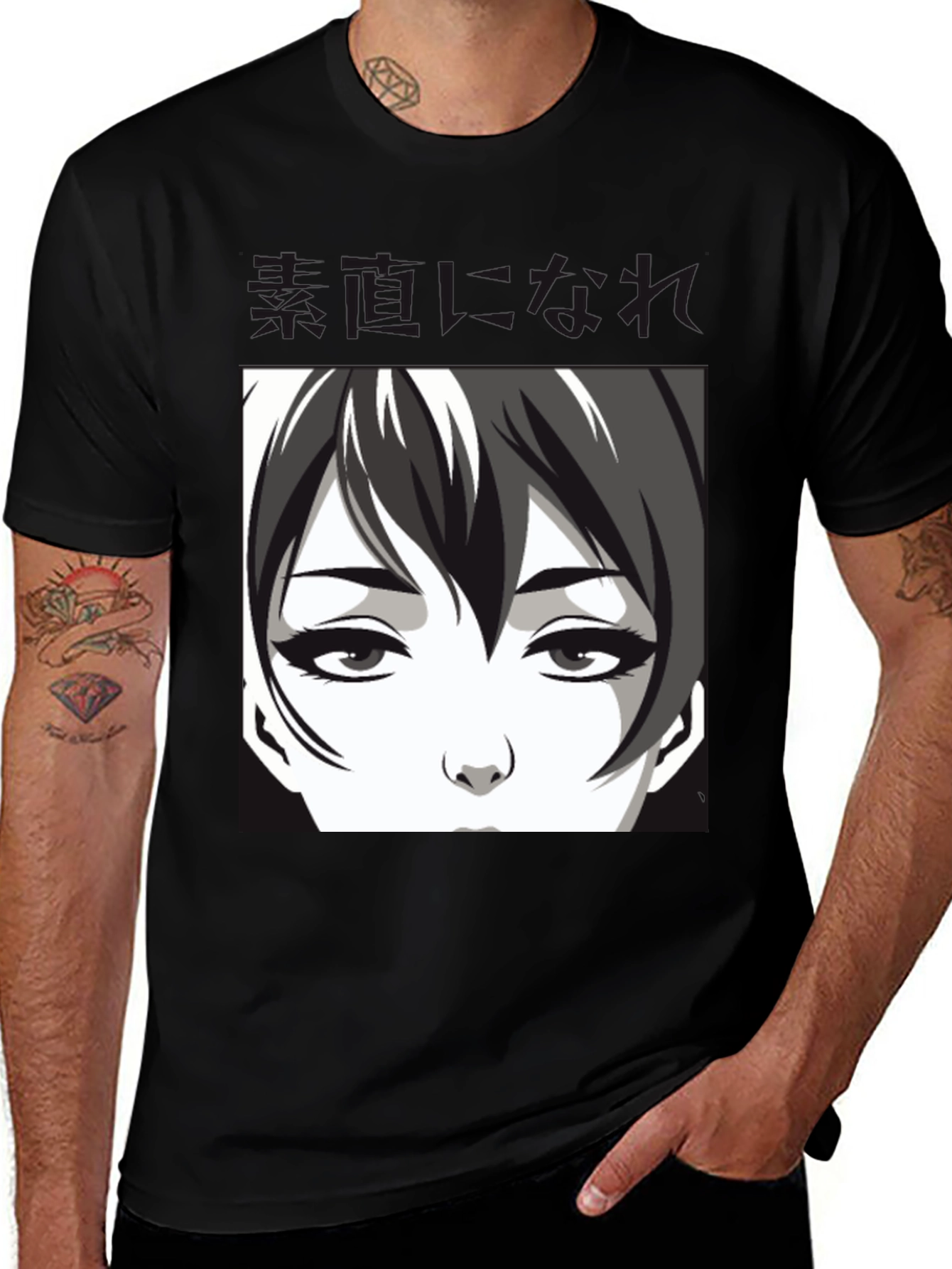 Anime Face Graphic Black T-Shirt