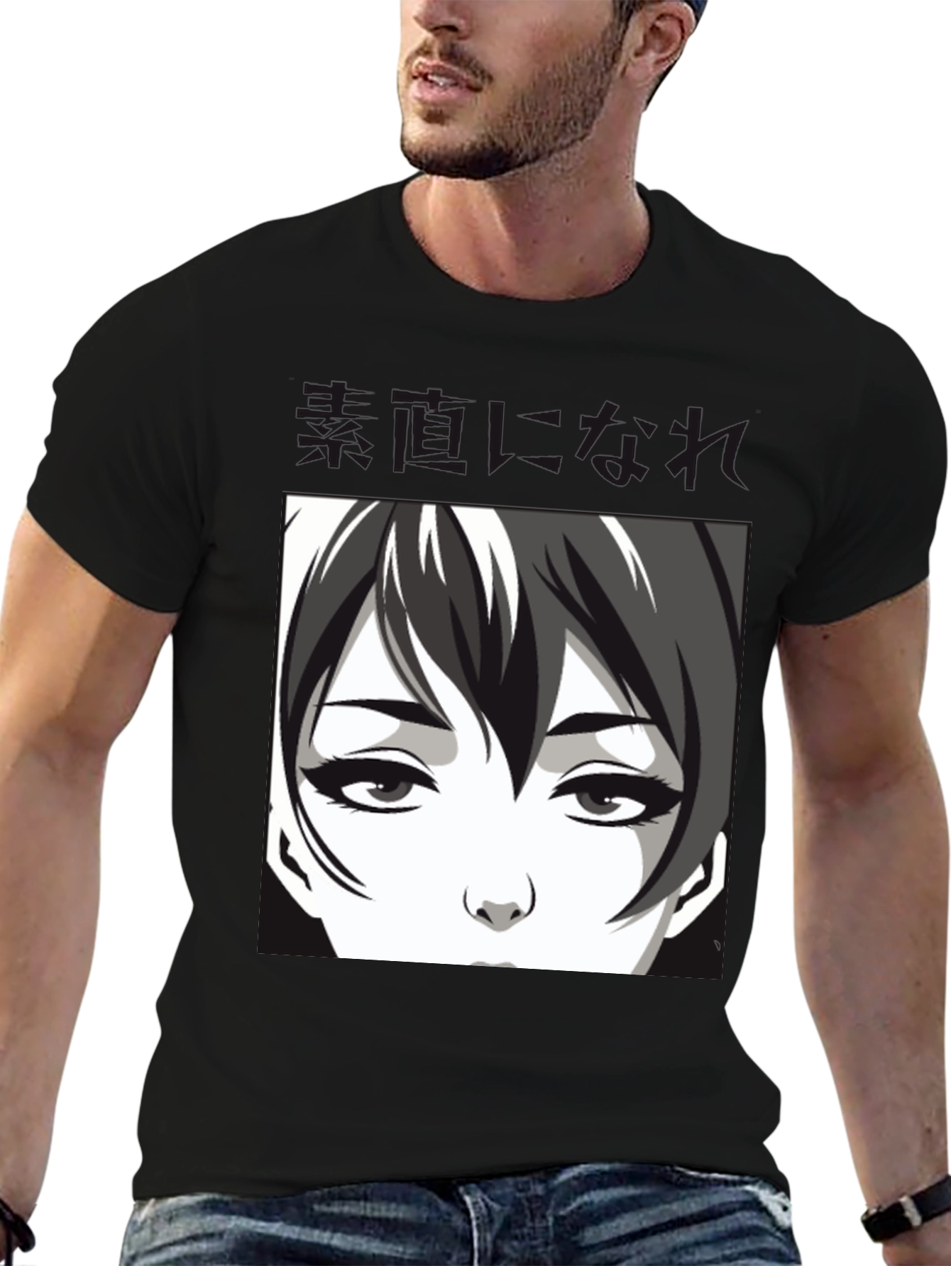 Anime Face Graphic Black T-Shirt