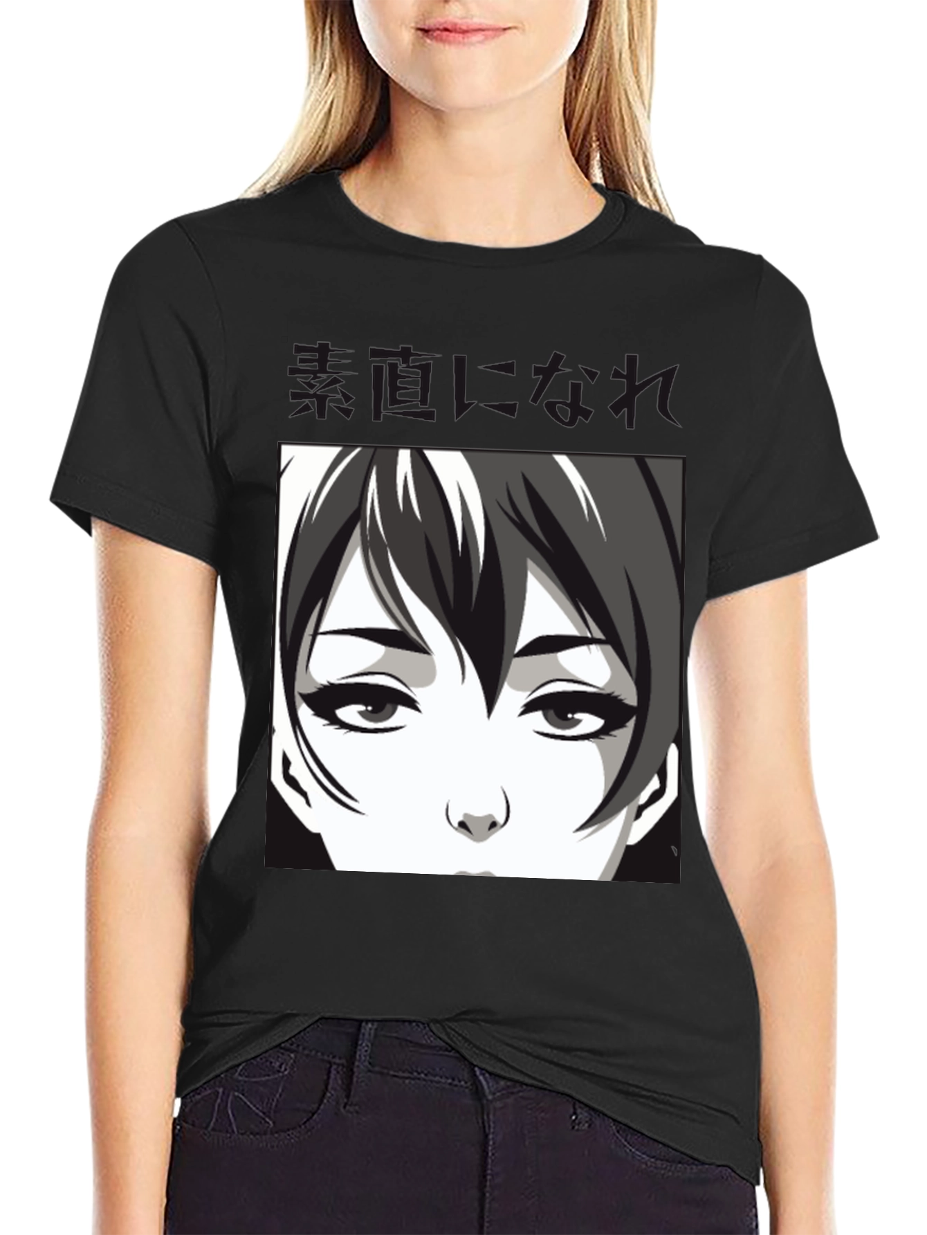 Anime Face Graphic Black T-Shirt