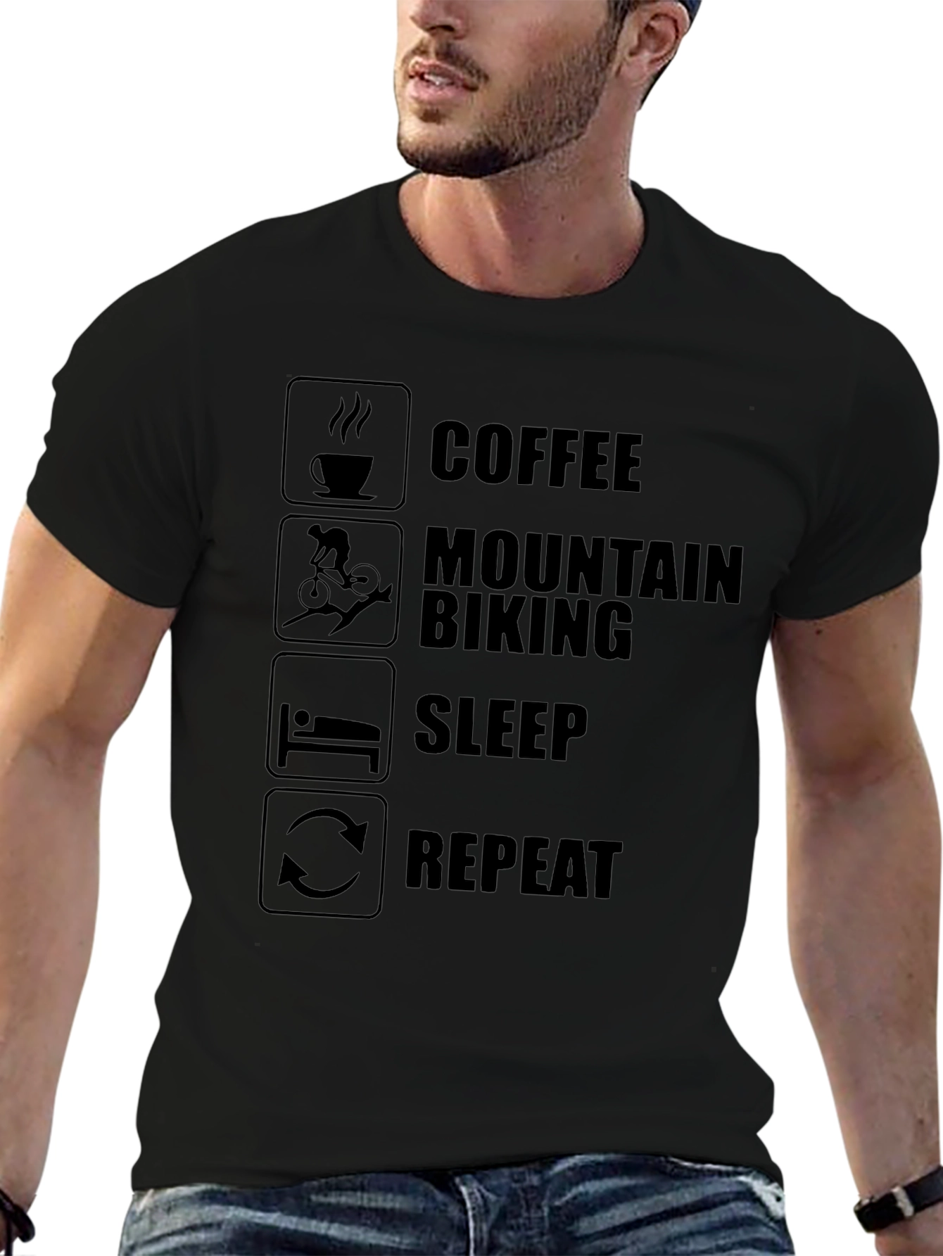 Coffee Mountain Biking Sleep Repeat Mens Black T-Shirt