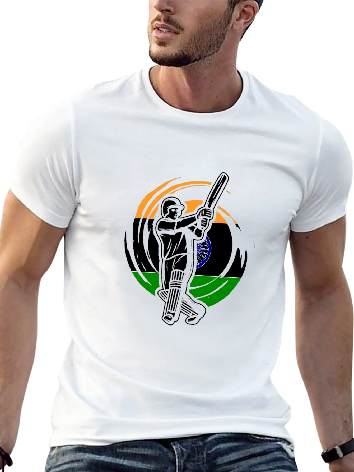 Cricket Player India Flag Graphic Black T-Shirt