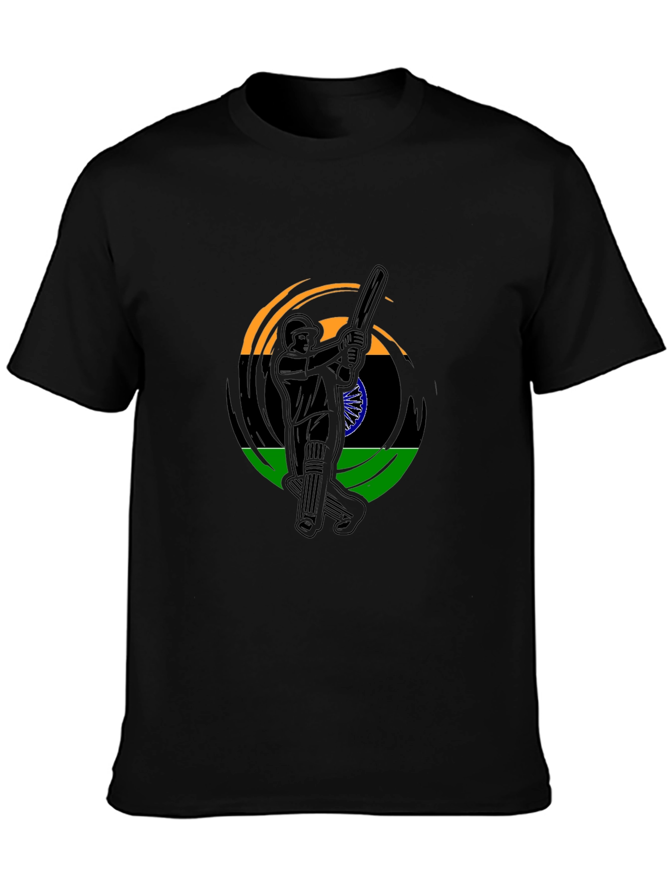 Cricket Player India Flag Graphic Black T-Shirt