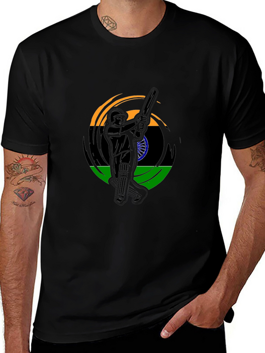 Cricket Player India Flag Graphic Black T-Shirt
