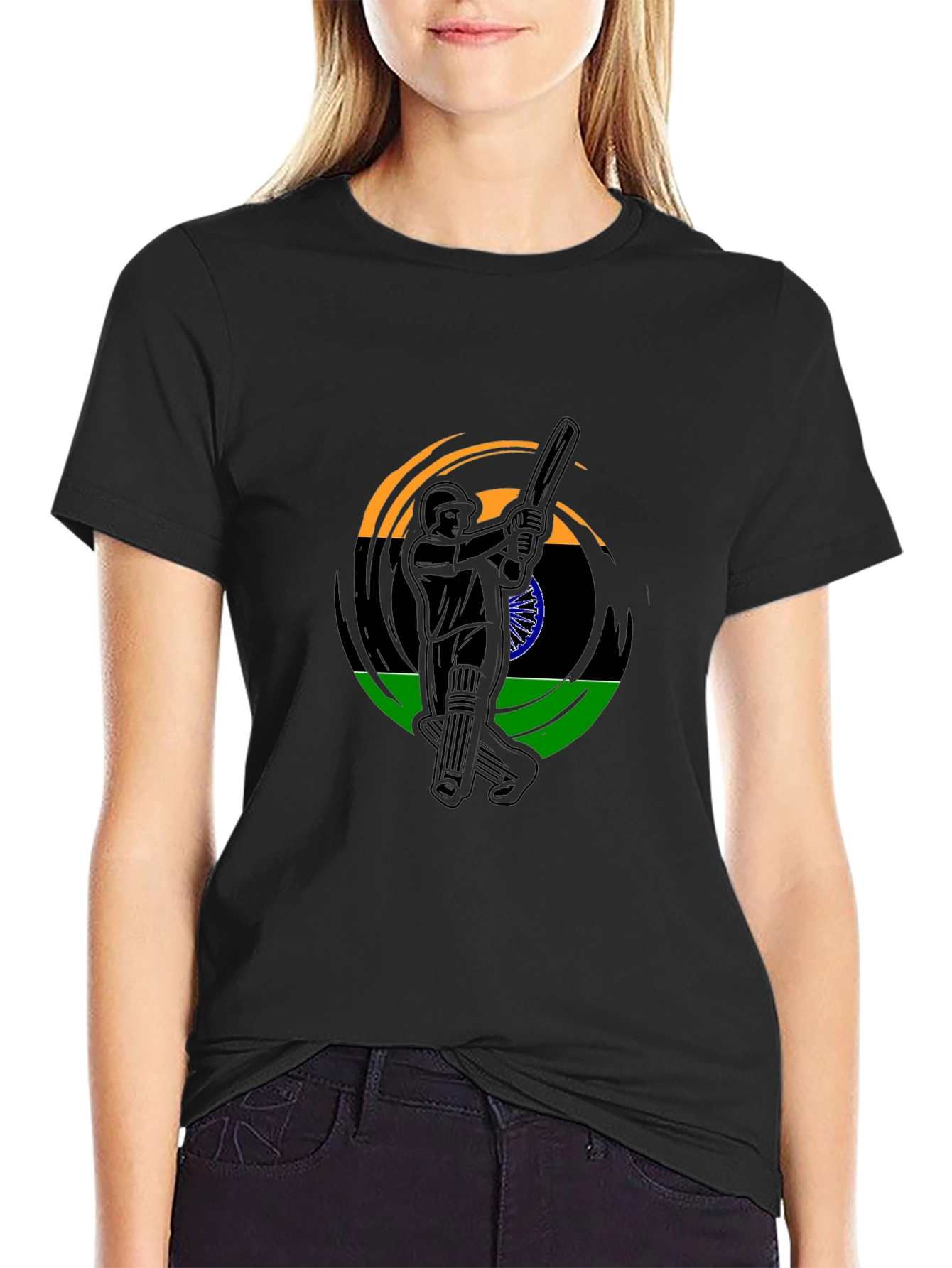 Cricket Player India Flag Graphic Black T-Shirt
