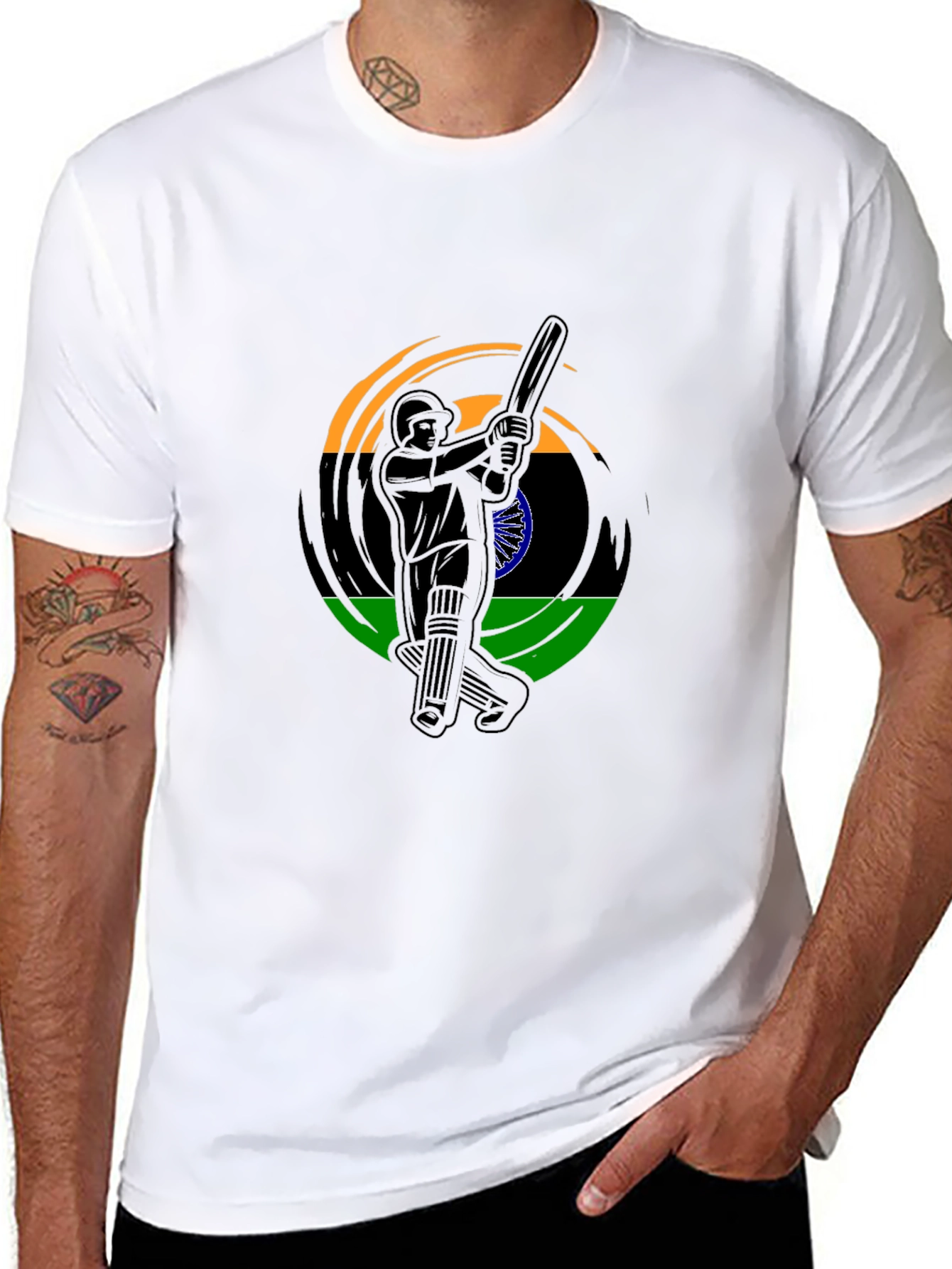 Cricket Player India Flag Graphic Black T-Shirt