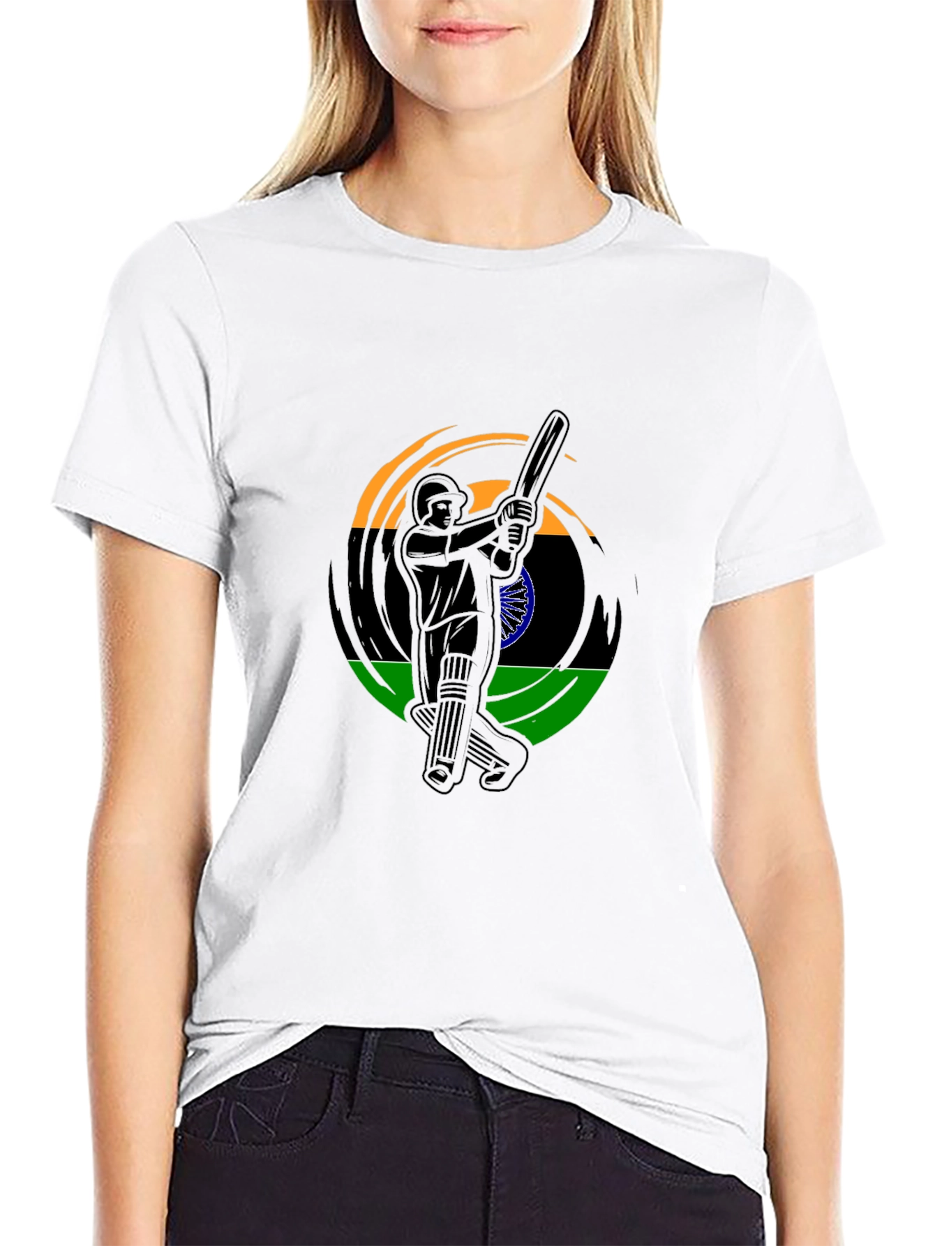 Cricket Player India Flag Graphic Black T-Shirt