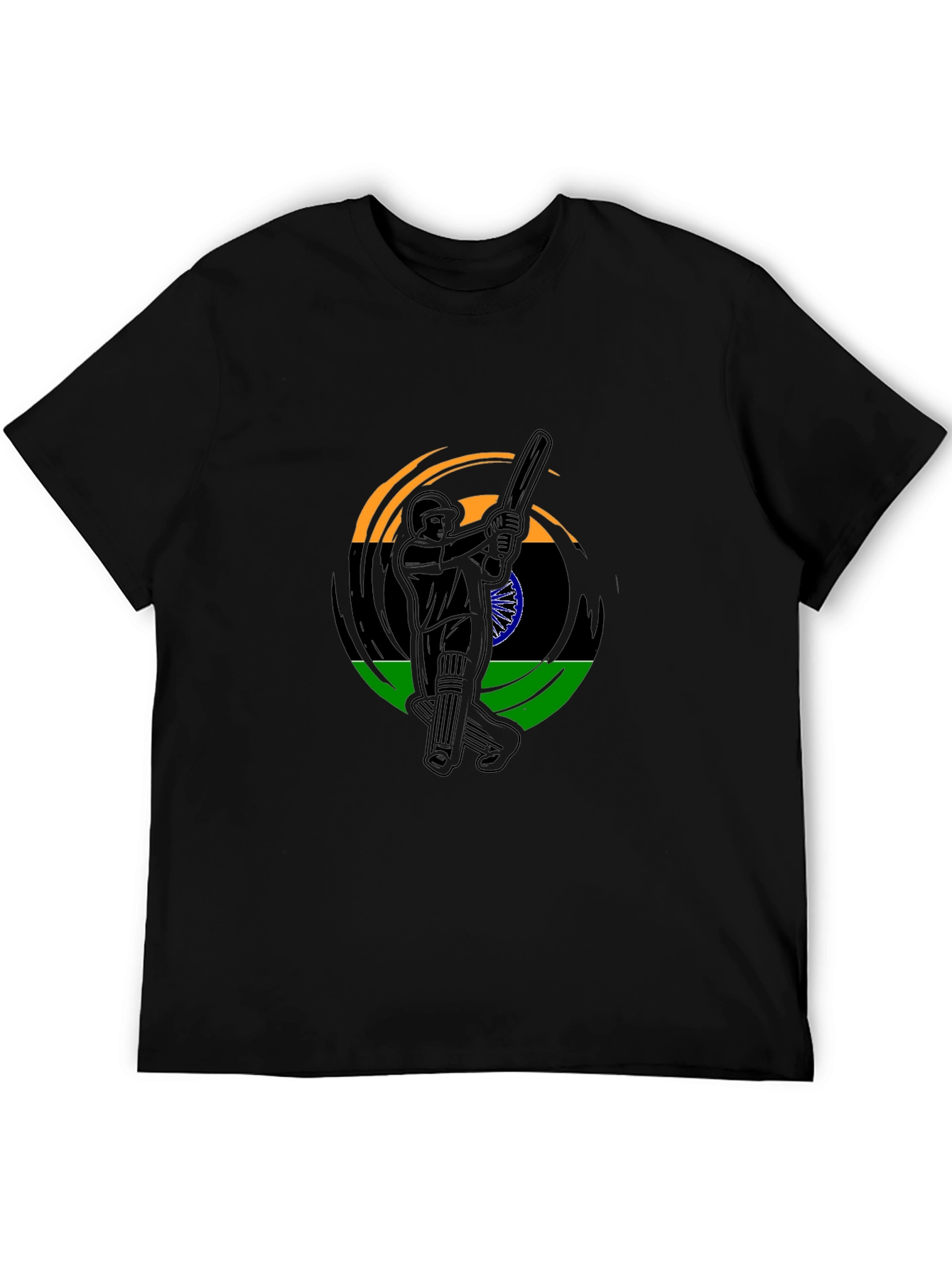 Cricket Player India Flag Graphic Black T-Shirt