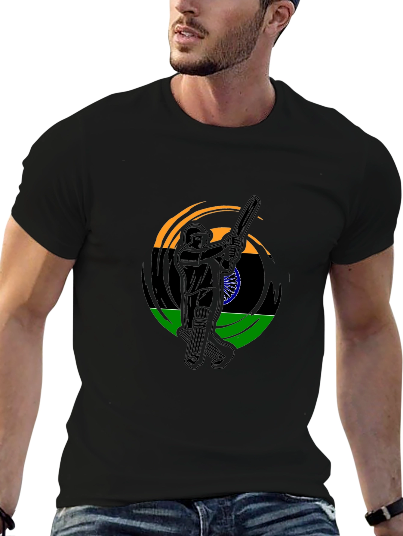 Cricket Player India Flag Graphic Black T-Shirt