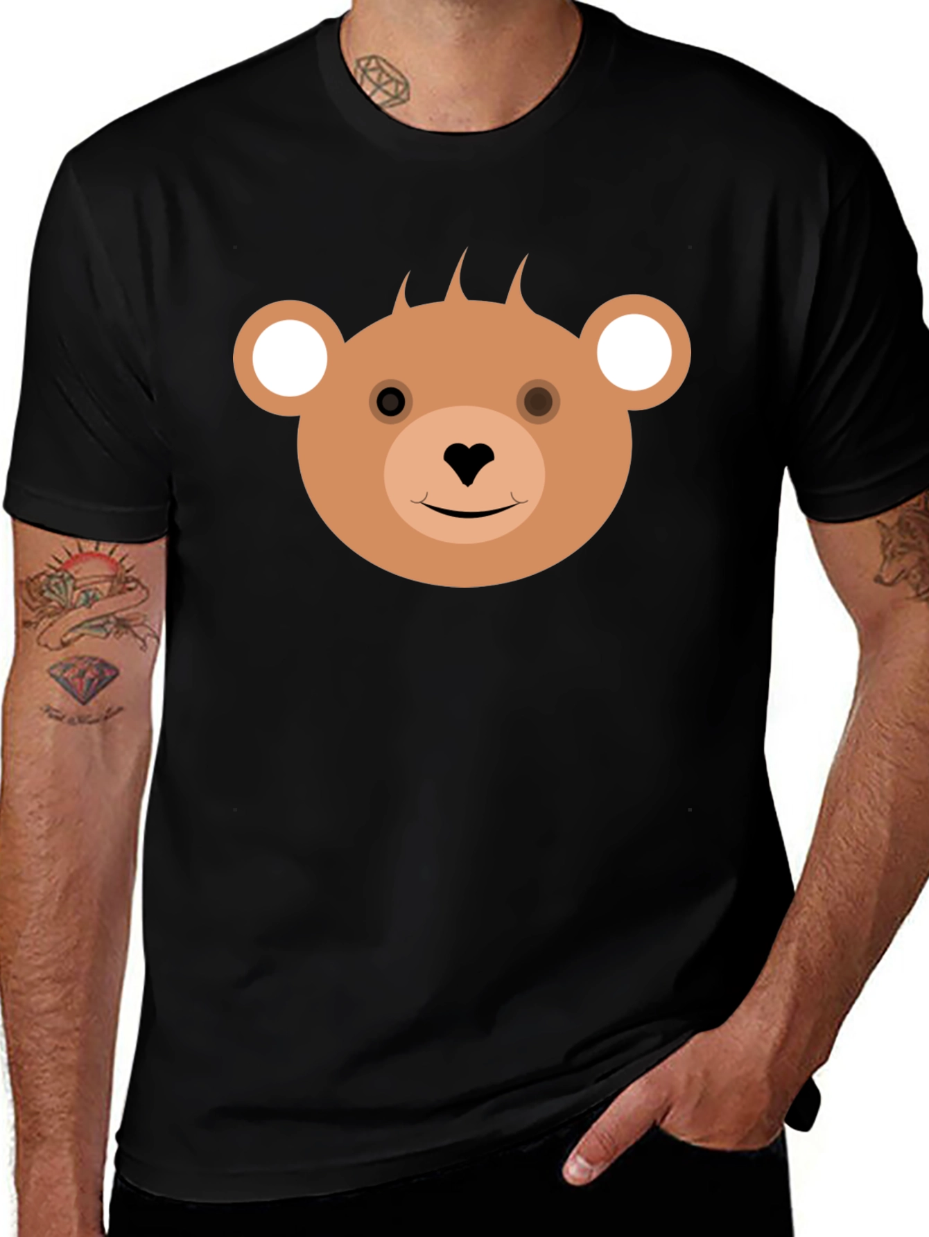 Cute Bear Face Black T-Shirt for Casual Wear