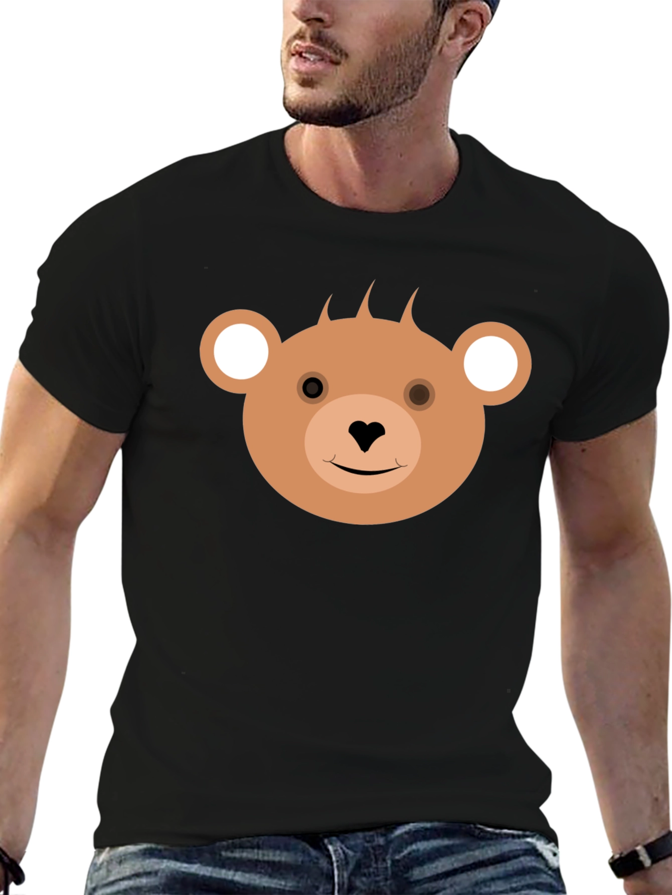 Cute Bear Face Black T-Shirt for Casual Wear