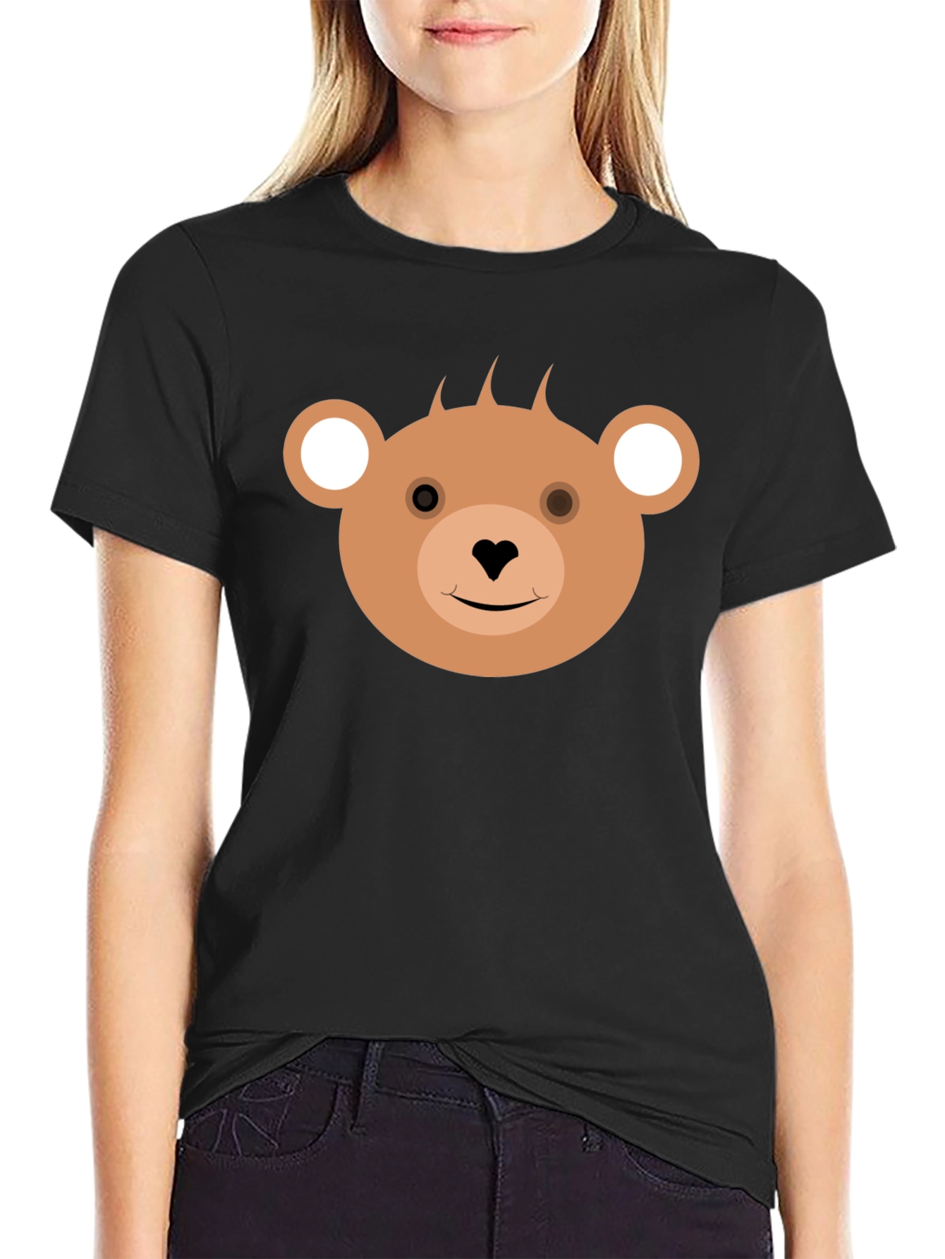 Cute Bear Face Black T-Shirt for Casual Wear