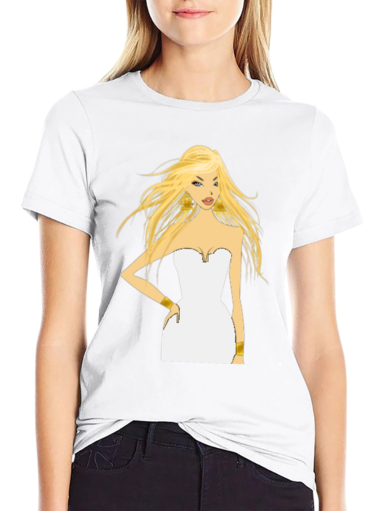 Blonde Cartoon Woman Black T-Shirt