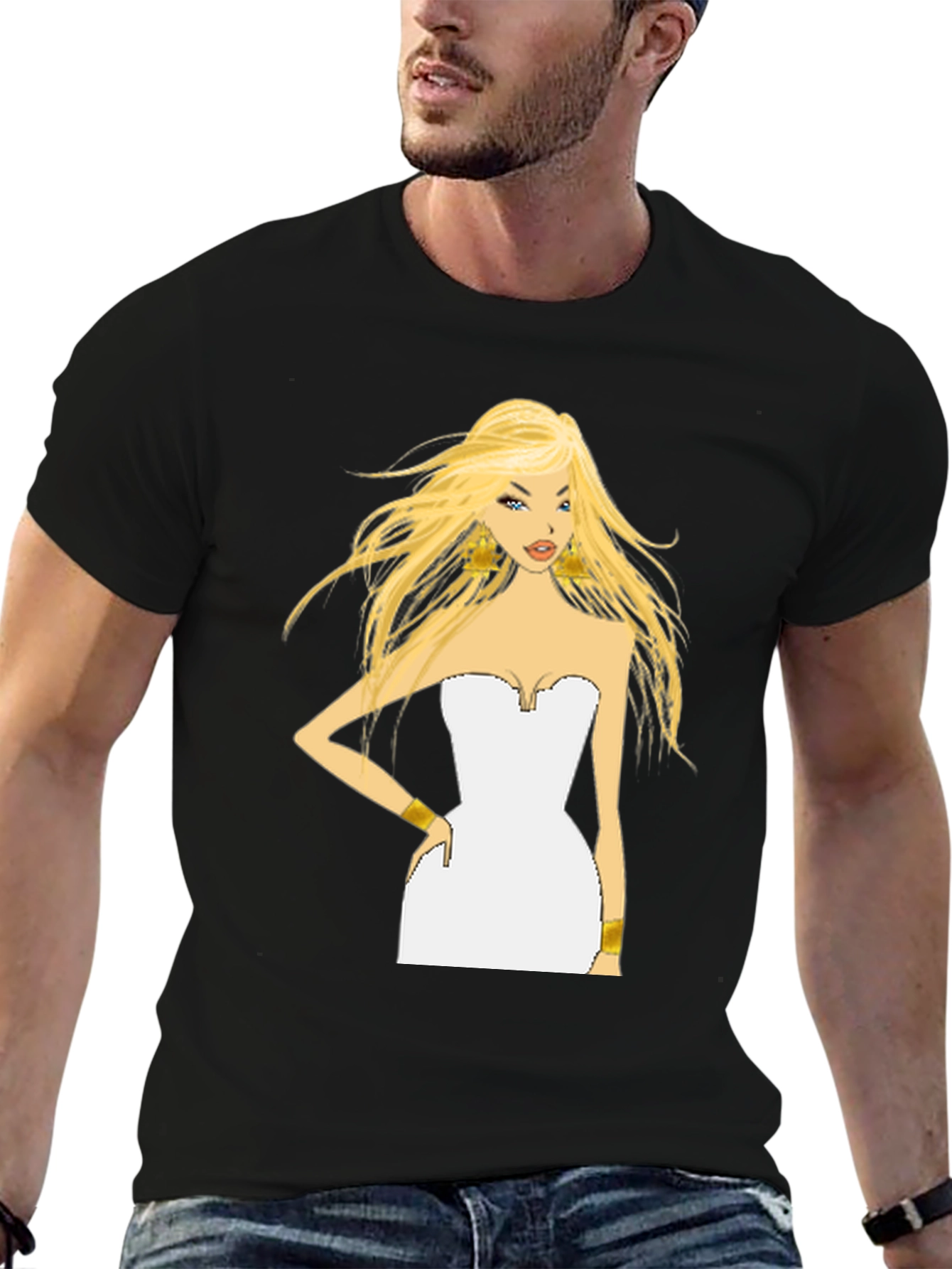 Blonde Cartoon Woman Black T-Shirt