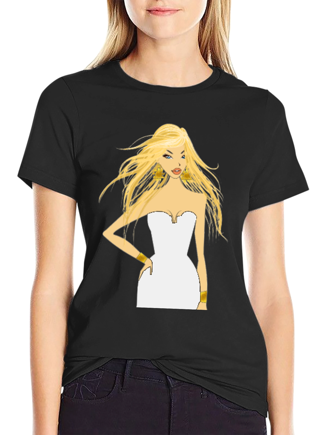 Blonde Cartoon Woman Black T-Shirt