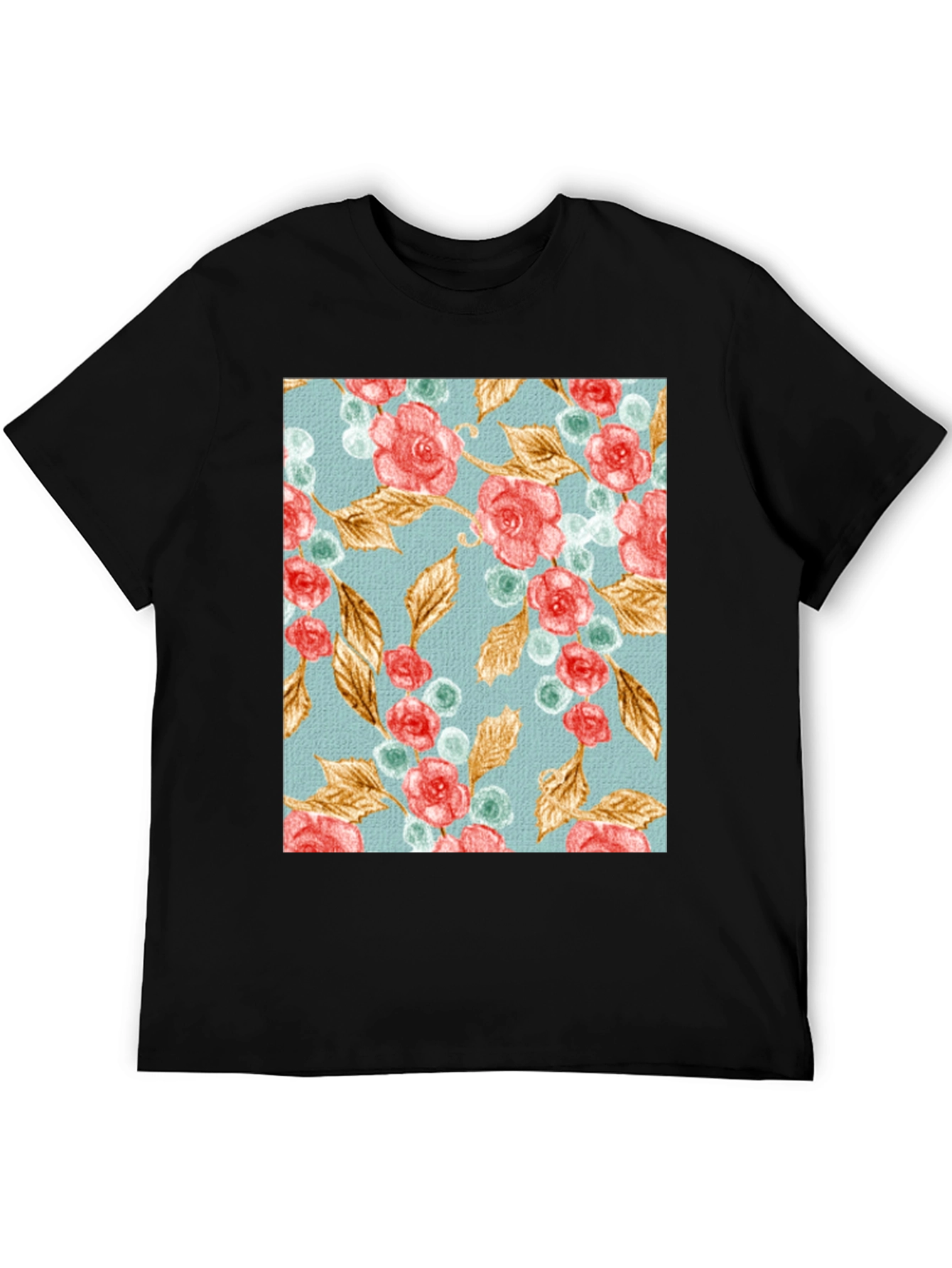 Floral Roses & Leaves Print Black T-Shirt